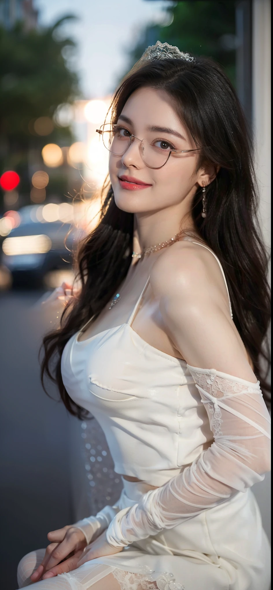 (Canon RF85mm f/1.2), (8k, RAW photos, best quality), (masterpiece), (Practical, photograph Practical), (Extremely detailed, High Detail, Best image quality, Super detailed, high resolution, Very detailed, extremely detailed的描述, Super Fine, Extremely exquisite and beautiful work), Beautiful and delicate girl, Solo Girl, ((Perfect body)), Very detailed eyes and face, White skin, Noble beauty, ((Delicate skin texture, pores)), Perfect anatomical structure, Delicate and beautiful body, Delicate face, Slim Abs, Slim waist), Big buttocks, (Large Breasts, Breast enlargement), (cleveage), (Affectionate gaze, soulful eyes, Glowing eyes), (beautiful and clear eyes), (Bounce Curly Messy Long Hair), (Smile:1.2), (Fascinated expression), (Attractive appearance), ((Low-cut,Wedding dress,No slings,Show your shoulders,H cup breasts)), ((Tight Fit)), ((Lace stockings)), ((wear glasses)), earrings, necklace, ((night)), ((Street view, moonlight)), Physically Based Rendering, Realistic lighting, (((Upper Body))), ((looking at the audience)), ((permanent)), ((Happy and shy))