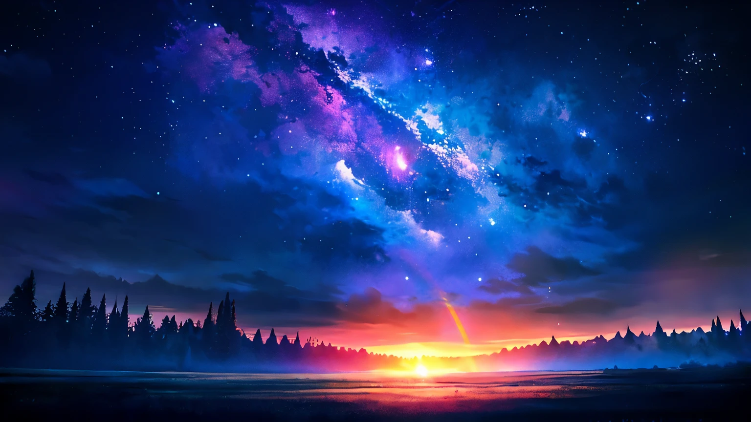  large landscape photography , (View from below, The sky is above、 The Open Field is Below ),   I want to deal with a girl looking up。, ( full moon: 1.2), (meteor: 0.9), (nebula: 1.3), Distant Mountain々 , tree々 destroys crafts , (Warm Light: 1.2), ( firefly: 1.2),  light on the side,  lots of purple and orange ,  intricate detail on the edge of the garment,  volumetric lighting, Realism BREAK ( masterpiece: 1.2), ( top quality), 4K,  Supernatural, (  Dynamic Composition  : 1.4),  very well detailed,  colorful details , (  Rainbow Color  : 1.2), (Glow Lighting, Atmospheric lighting),  dreamy ,  magical, (Alone: 1.2)