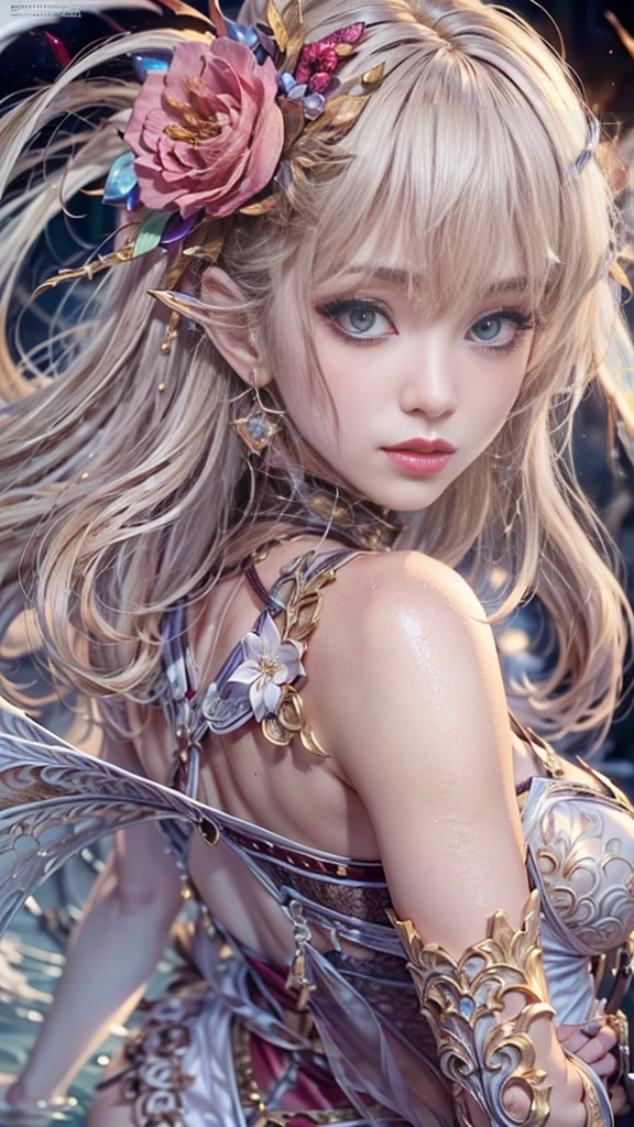 ,((Highest quality))),8k,((masterpiece)),(Very sophisticated and beautiful), ((Elf female warrior carrying a sword、Pointed elf ears, wavy blonde hair, green eyes, Bare Skin:1.2)), Beautiful face, Small breasts、White eyebrows、Silver tiara、Silver earrings、White skin、Glowing Skin、Silver and diamond necklace、Silver bangles、Green lace dress、it)