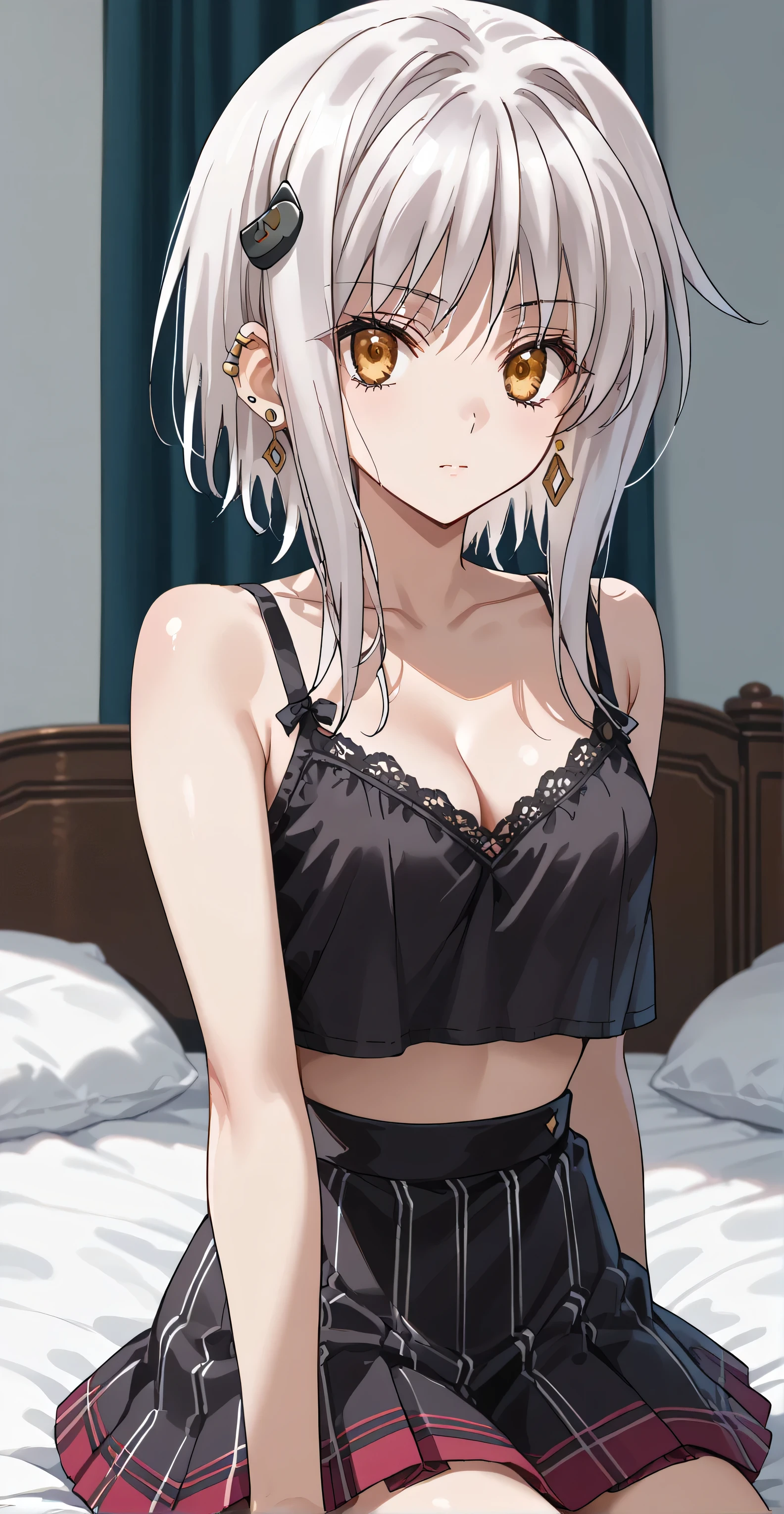 Koneko toujou , (short hair, white hair ), gold eyes, earrings, ear piercing, multicolored hair, score_9, score_8_up, score_7_up, source_anime, masterpiece,best quality, very small breasts, Black camisole, crop top overhang, transparent, cleavage, skirt, cool face, looking at viewer, laydown on bed, 