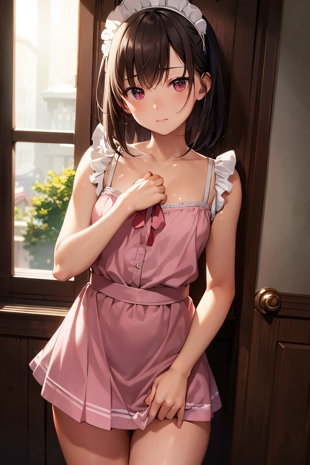 {Japan slender beauty}, maid, pink school swimsuit, high definition, top quality, super detail, wedge, fine detail, no blush, ponytail