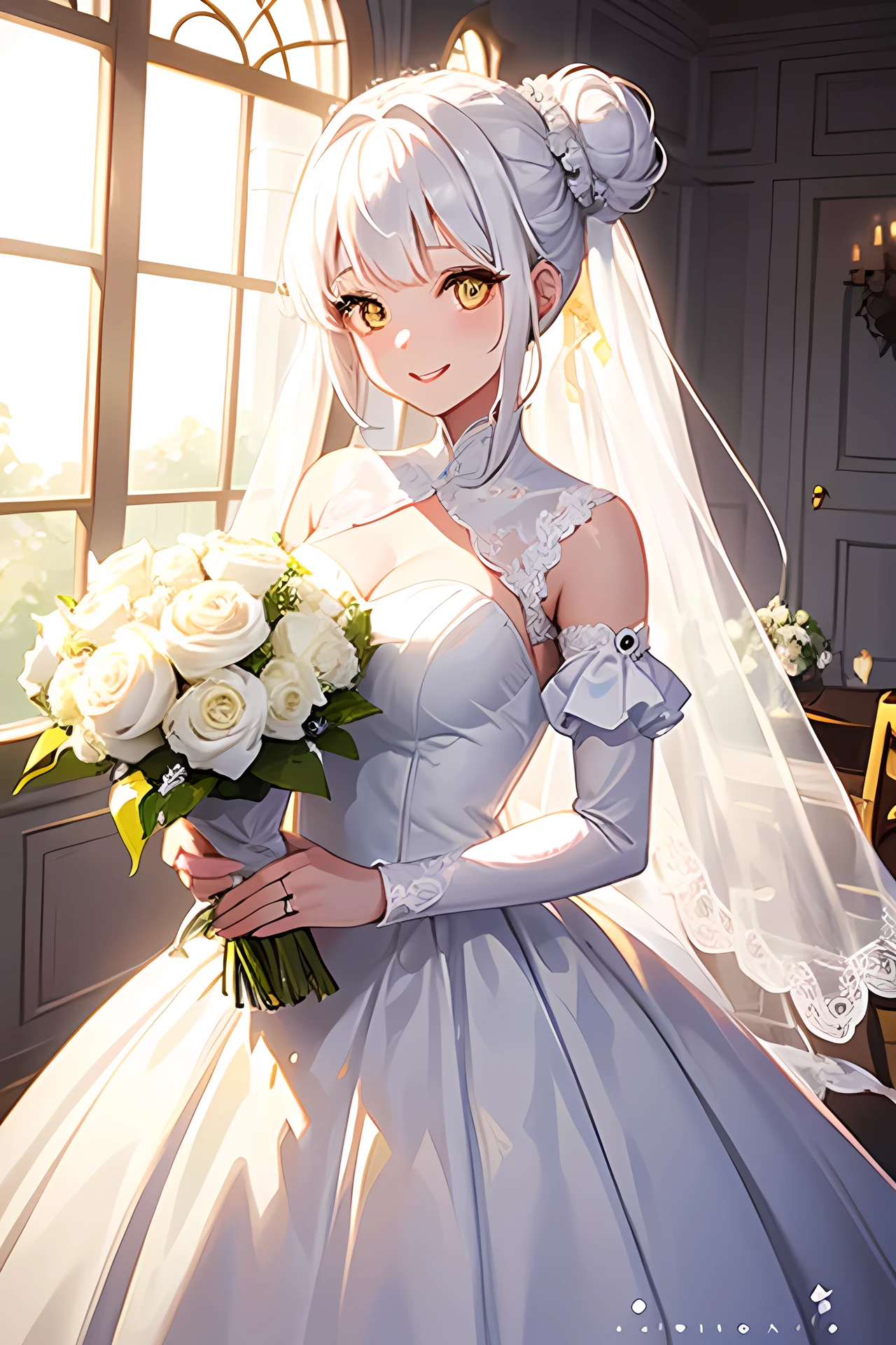 (masterpiece, best quality:1.5), (ultra detailed, high resolution, 8k, beautiful detailed, UHD, best anatomy), 1 cute girl, white hair, medium breasts, wedding dress, bridal veil, flower, wedding hall, Happy face