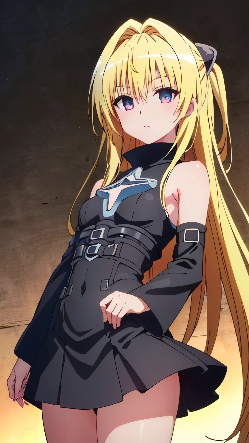 (Top quality, masterpiece, 8k:1.2), (anime coloring), (pixel-perfect, detail-perfect), very detailed, perfect hair style, beautiful eyes, perfect eyes, detailed eyes, perfect eyebrows, perfect face, detailed face, perfect hairstyle, ultra-detailed, detailed eyes, symmetrical eyes, sharp detailed, 1girl, solo, konjiki no yami, blonde long hair, (mature face:1.0), slim, slim body, (small breast:1.2), (nffsw, black cloth, detached sleeves, clothing cutout, micro mini skirt, closed mouth), looking at the viewer, in the center of the image, (cowboy shot1.2), looking at the viewer, in the center of the image,  dutch angles,