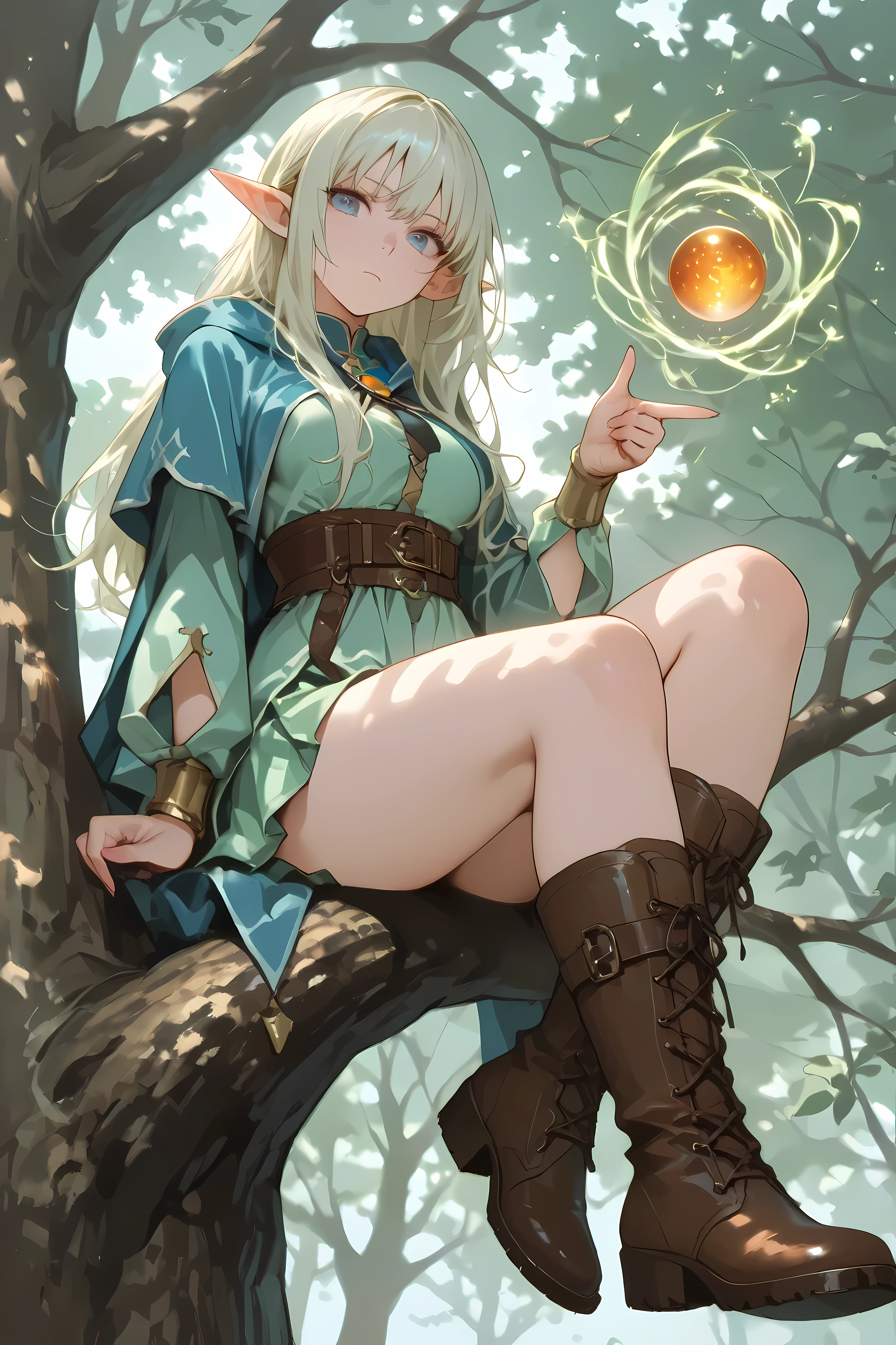 Fantasy world, female elf wizard、hand, perfect hand、 Staring at the Audience 、A sphere floating in the air、Female elf sitting on tree branch, Woman sitting、Look down and stare、cutely grumpy、Alert, mini skirt, boots,Finger guns, magic balls at fingertips、from below , dynamic composition looking at viewers、 Active Angle、leg focus、foot focus、 anime、blue eyes, BLUEIRIS
