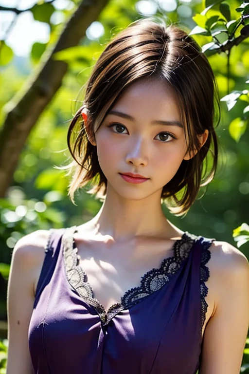 A highly detailed, photorealistic portrait of a beautiful young Asian woman with smooth skin, large expressive eyes, and natural makeup. She is surrounded by lush hydrangea bushes, with soft lighting and a shallow depth of field. The background is slightly blurred to emphasize her face. The image should capture her serene and gentle expression, with a focus on her delicate features and the natural beauty of the scene. High resolution, 8K, ultra-detailed, masterpiece, best quality. ((China dress))、((Upper Body:1.3))