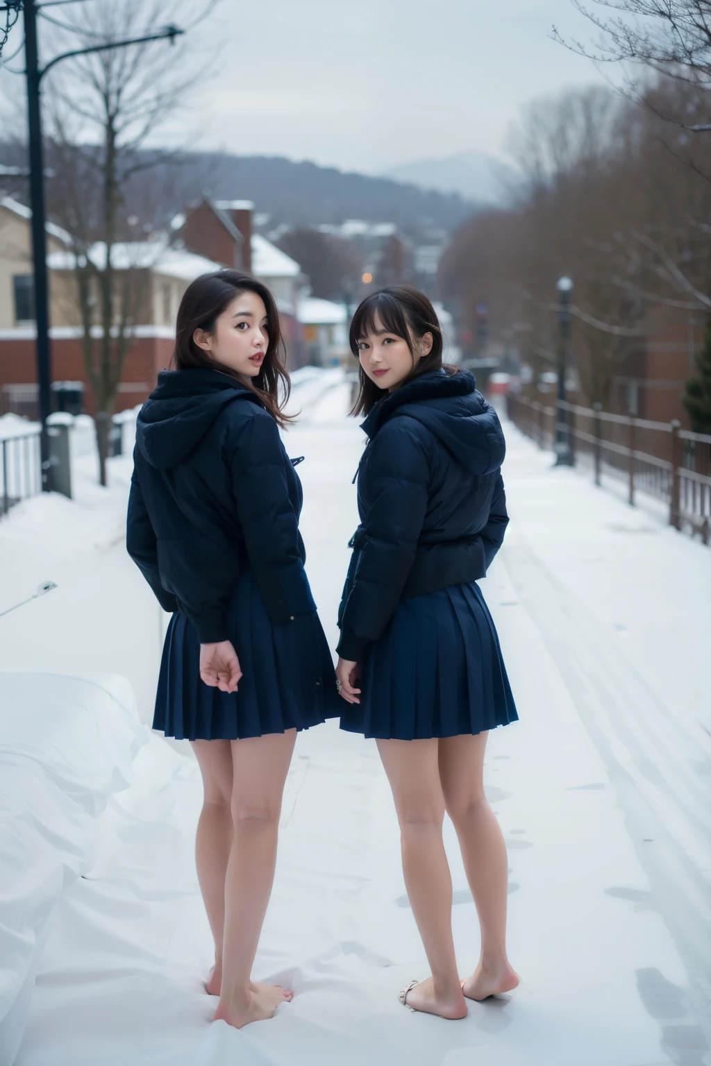 Cute high school girl, 18 years old, Wearing a black miniskirt、Snow outside