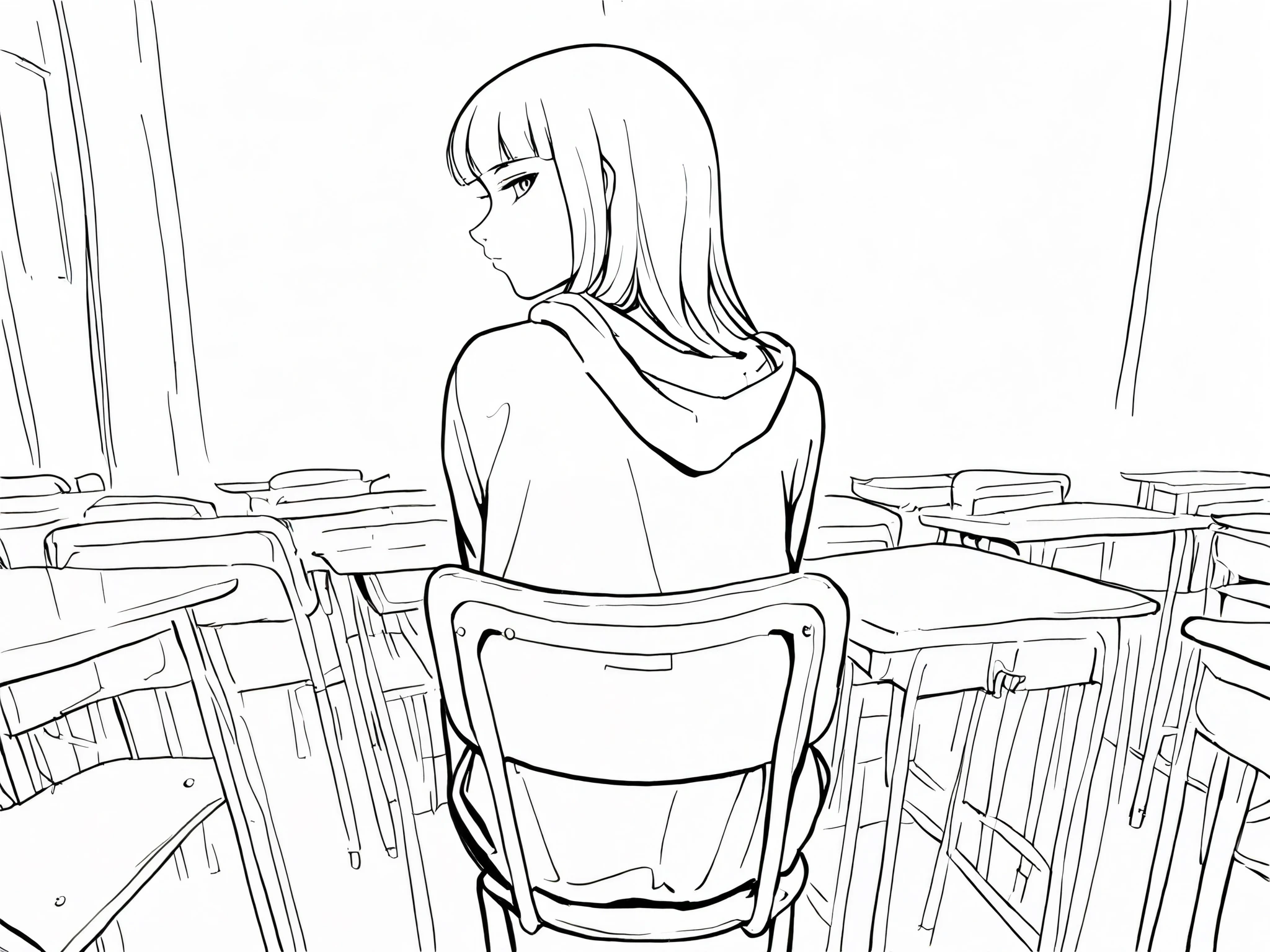 1girl, blunt bangs, grey eyes, long hair, white hoodie, sitting on chair, looking back towards viewer, classroom background, foreshortening, detailed background, Timbrook, masterpiece, professional line art, lineart, greyscale, monochrome, (masterpiece: 1.0), best quality, perfect anatomy, perfect composition, perfection, 4k resolution, absurdres, very aesthetic, professional artwork, absolutely beautiful,