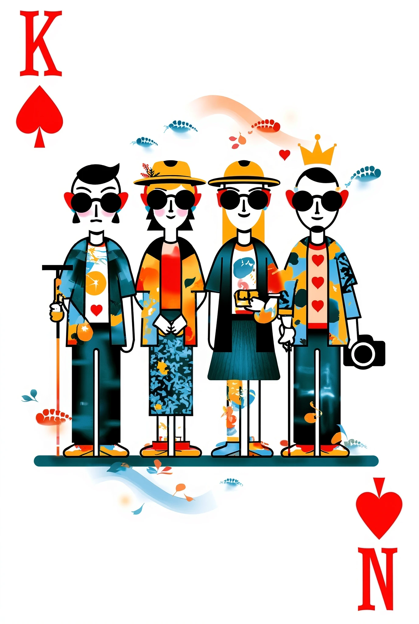 黑色光艺 ， Keith Haring  (Keith Haring) style, Logo Design。 main graphics, four anthropomorphic playing cards （JQKA ） form “senior travel group” queue ， wears sunglasses 、straw hat、 hiking poles and camera ， , background fusion card pattern replaced with landscape stick figures， red peach symbols change to small footprints （ symbolizes travel footprints ），Spades changed to Compass character concept design, 