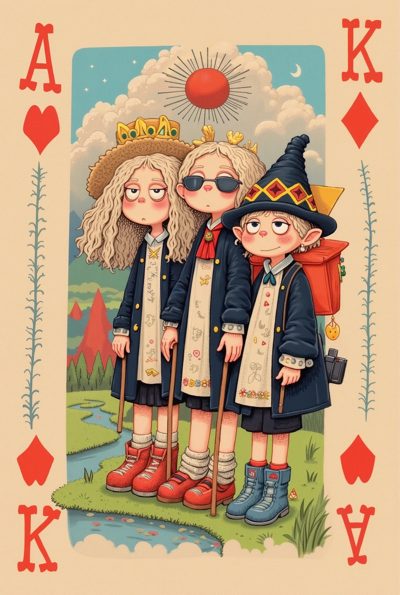 Logo Design。 main graphics, four anthropomorphic playing cards （JQKA ） form “senior travel group” queue ，Grandpa，Granny，dad，Mother， wears sunglasses 、straw hat、 hiking poles and camera ，
   , background fusion card pattern replaced with landscape stick figures， red peach symbols change to small footprints （ symbolizes travel footprints ）， spades 