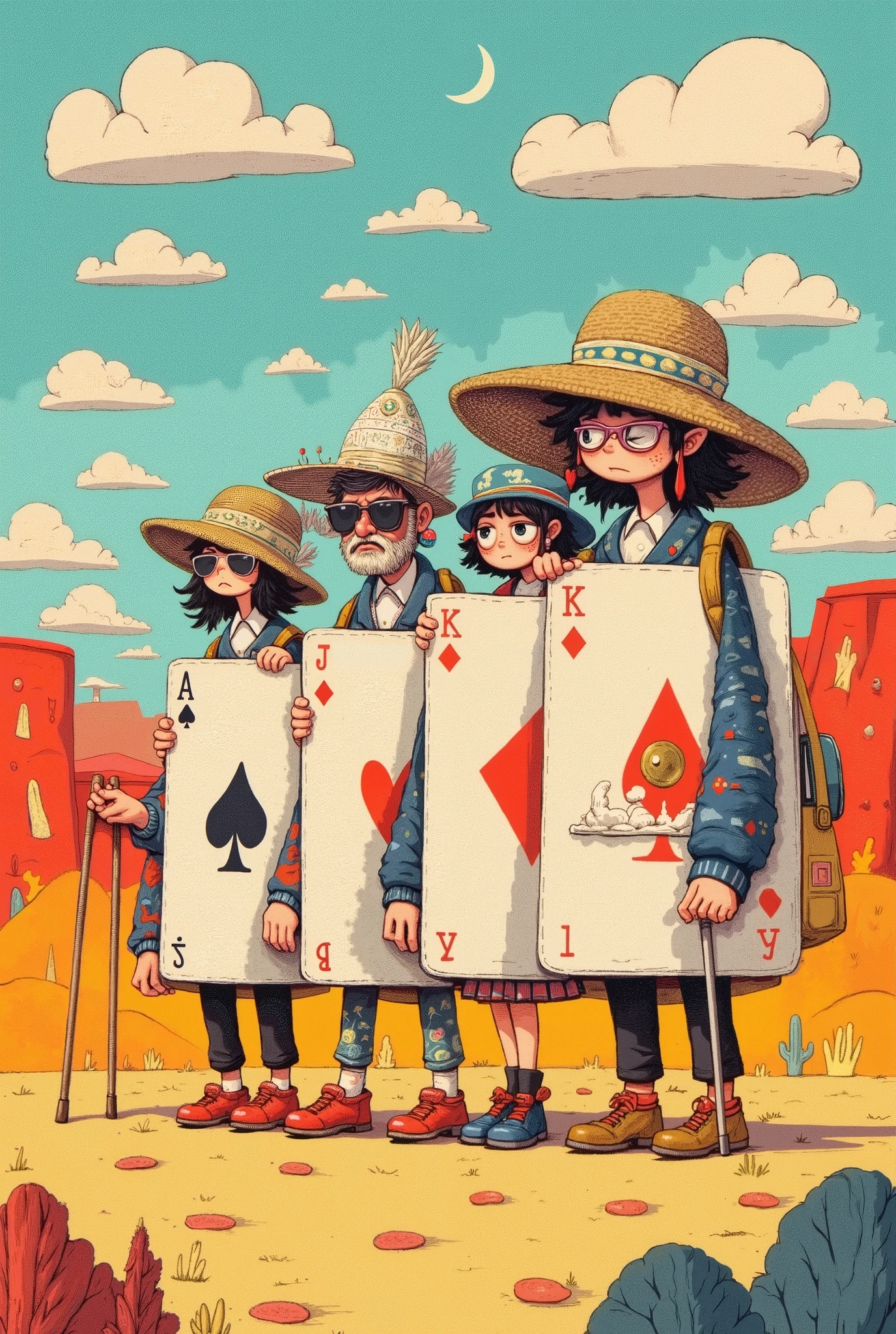Logo Design。 main graphics, four anthropomorphic playing cards （JQKA ） form “senior travel group” queue ，Grandpa，Granny，dad，Mother， wears sunglasses 、straw hat、 hiking poles and camera ，
   , background fusion card pattern replaced with landscape stick figures， red peach symbols change to small footprints （ symbolizes travel footprints ）， spades 
