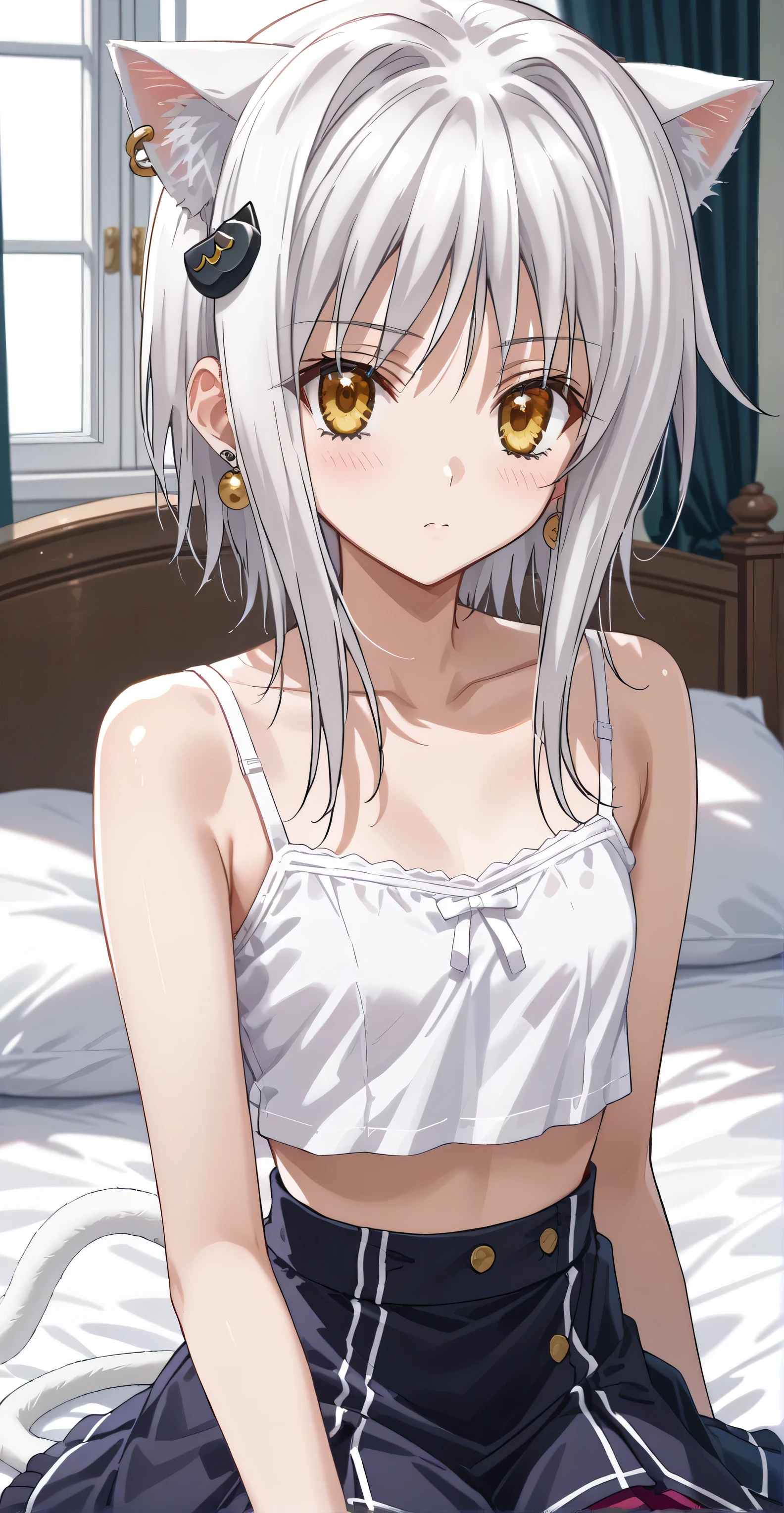 Koneko toujou , (short hair, white hair ), gold eyes, earrings, ear piercing, multicolored hair, score_9, score_8_up, score_7_up, source_anime, masterpiece,best quality, flat chest, shy, ((white camisole, crop top overhang, transparent, skirt)), ((white cat ear, ehite tail)), cool face, looking at viewer, laydown on bed,