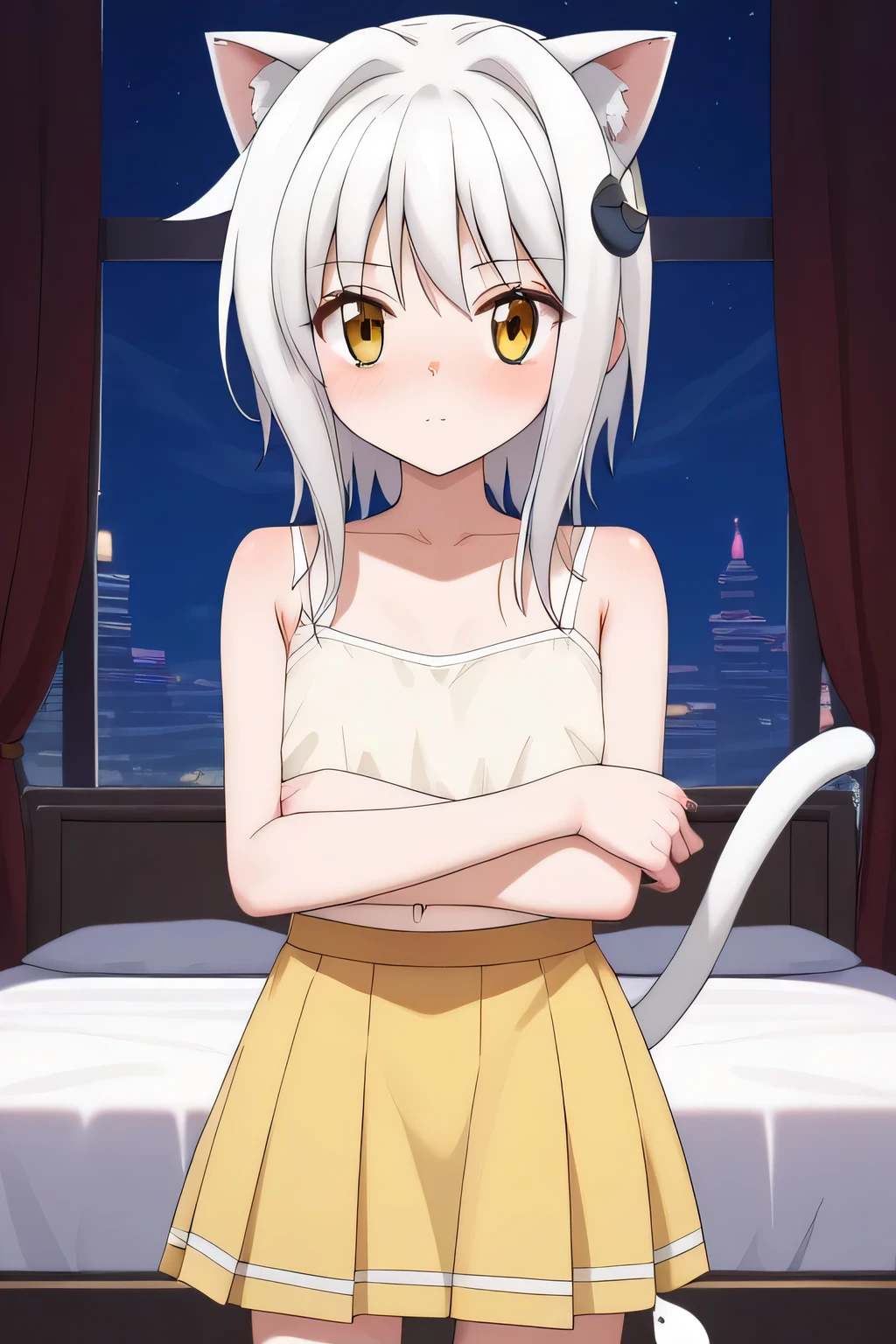 masterpiece,best quality,{{detailed beautiful face and eyes}},
Koneko Toujou,short hair,white hair,hair ornament,yellow eyes,flat chest,
((white camisole, crop top overhang, transparent, skirt)), ((white cat ear, ehite tail)), cool face, looking at viewer, laydown on bed,
1girl, old,(is embarrassing,big blush,closed mouth,steam:1.0),
((standing,cowboy shot,looking at viewer,breast hold:1.2)),
(night city background:1.0),clothed