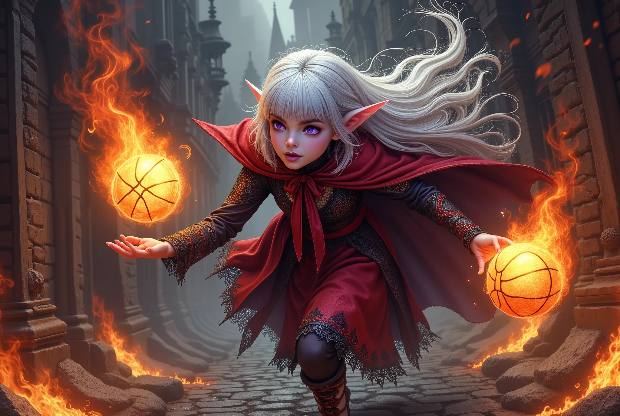 (Ultra-detailed face, Looking away, Gothic Illustration, Dark tone colors. She has five fingers on her hands and five toes on her feet.), BREAK
(Composition looking down on the ground from above, a medieval European urban battlefield, the city on fire with flames, black smoke and fire sparks being driven by a strong wind.), BREAK
(A young dark elf wizard runs sideways, low to the ground, down a wide cobblestone street. Her hands are outstretched, each palm holding a ball of flame the size of a basketball.),
(She has white hair, white eyebrows, blunt bangs, long wavy hair down to her feet, small pink lips, lavender eyes, dark purple skin, and thick eyeliner. Her hair flutters in the strong wind blowing from the side.),
(She has white hair, white eyebrows, blunt bangs, long wavy hair down to her feet, small pink lips, lavender eyes, dark purple skin, and thick eyeliner. Her hair flutters in the strong wind blowing up from below.),
(She wears a crimson ribbon tie and a crimson cape dress with black lace ruffles and gold thread embroidered roses. She wears crimson laced sandals.)