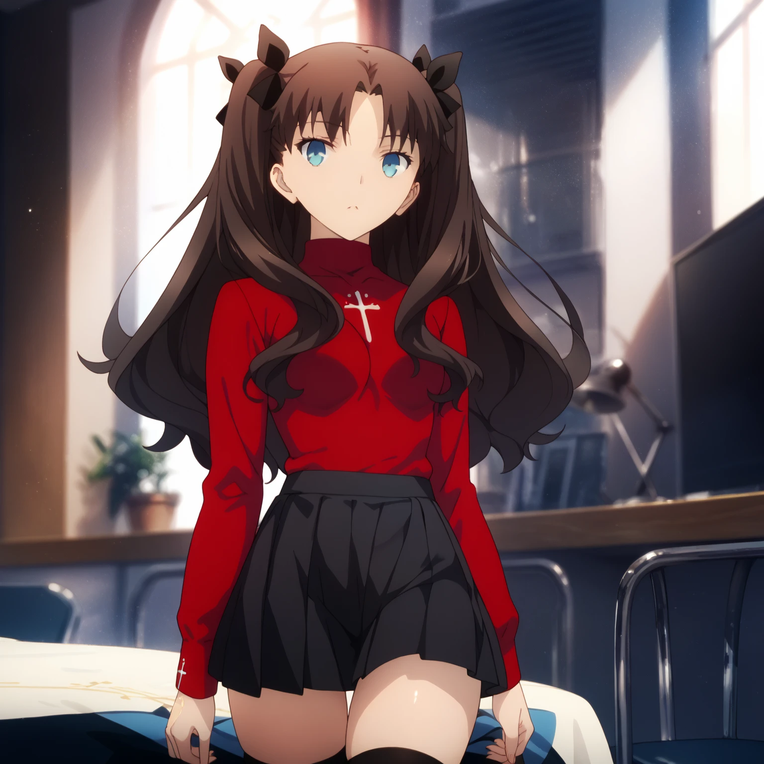1girl, alone, Rin tohsaka,blurry background ,hairblack thighhighs,blue eyes,pleated ,skirt ,two, side, upred, hair ribbonred, sweaterparted ,bangsjewelry(full body:1.1),Crossed legs, sitting on chair, crossed legs, Full body,medium breasts, medium waist, wide hips, wide thighs, round butt, head on ,looking at viewer,pov (from below), perfect anatomy, perfect hands 