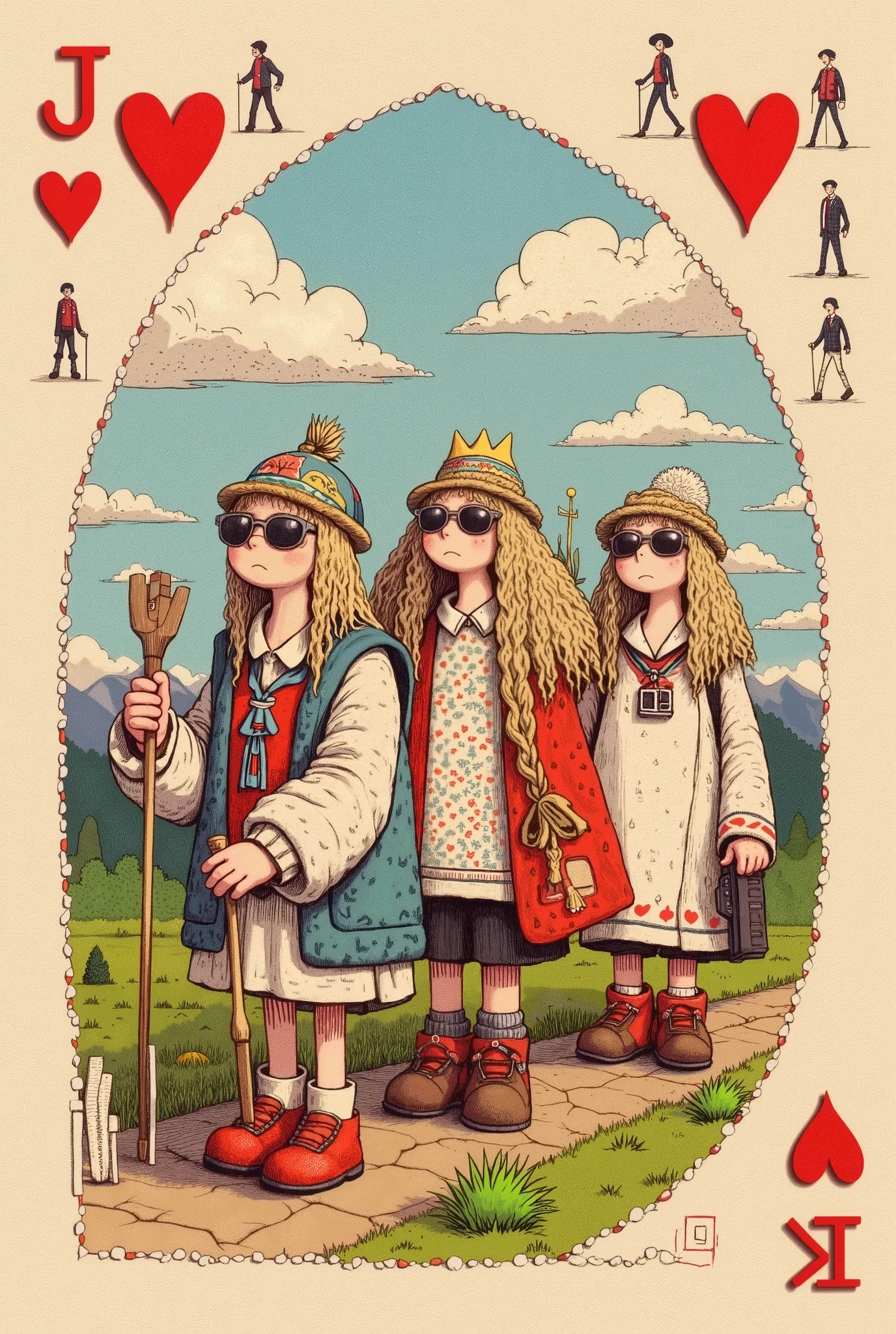 Logo Design。 main graphics, four anthropomorphic playing cards (JQKA ) form “senior travel group” queue , wears sunglasses 、straw hat、 hiking poles and camera ,
, background fusion card pattern replaced with landscape stick figures, red peach symbols change to small footprints ( symbolizes travel footprints ), spades