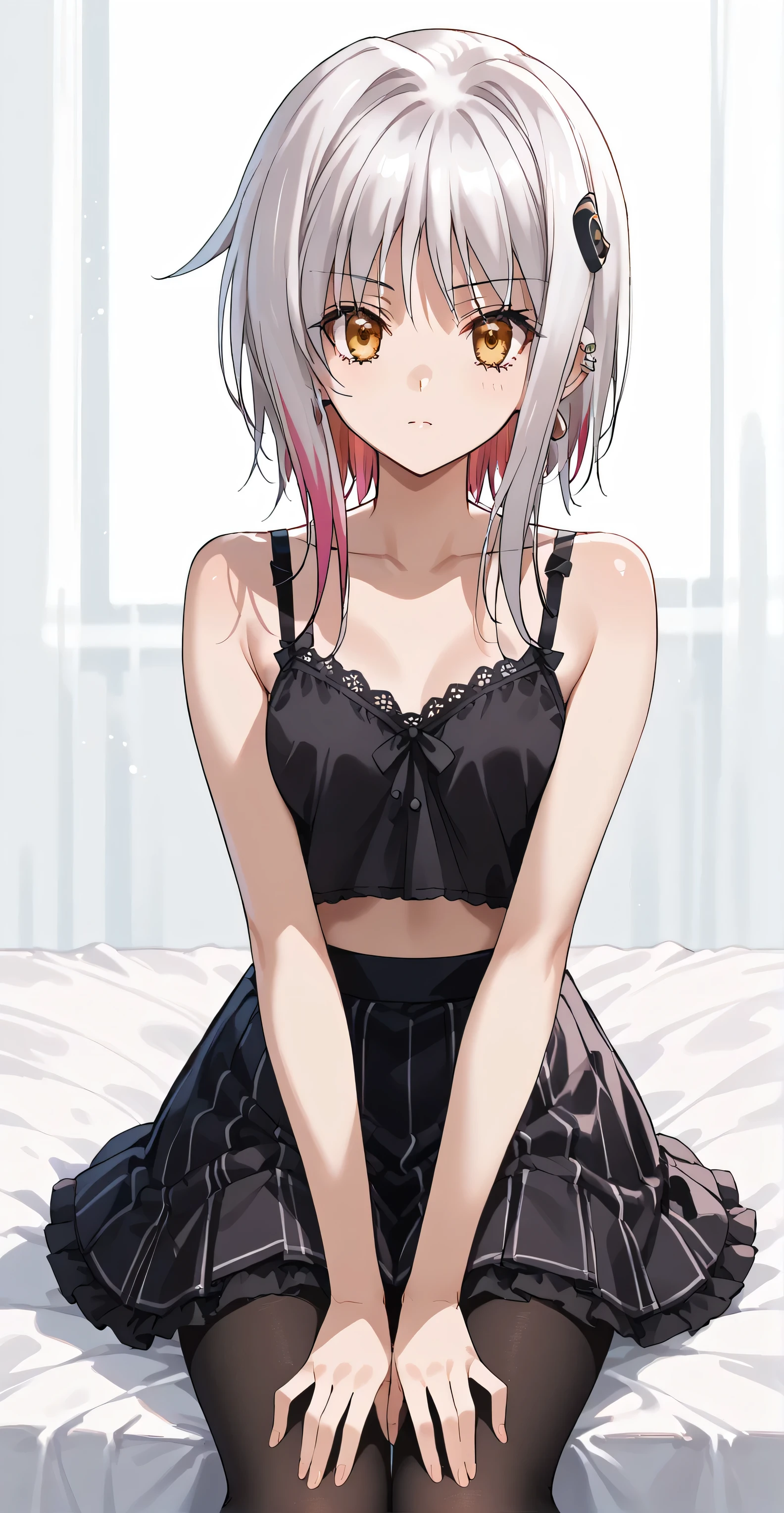 Koneko toujou , (short hair, white hair ), gold eyes, earrings, ear piercing, multicolored hair, score_9, score_8_up, score_7_up, source_anime, masterpiece,best quality, very small breasts, Black camisole, crop top overhang, transparent, skirt, pantyhose cool face, looking at viewer, laydown on bed,