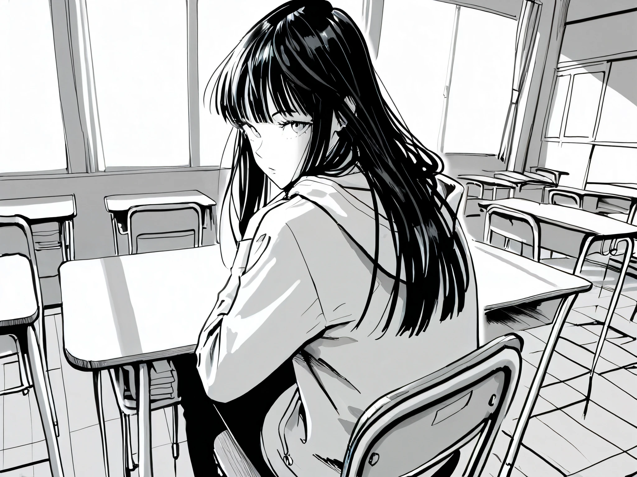 1girl, blunt bangs, grey eyes, long hair, white hoodie, sitting on chair, looking back towards viewer, classroom background, foreshortening, detailed background, Yusuke Murata style, masterpiece, professional line art, lineart, greyscale, monochrome, (masterpiece: 1.0), best quality, perfect anatomy, perfect composition, perfection, 4k resolution, absurdres, very aesthetic, professional artwork, absolutely beautiful,