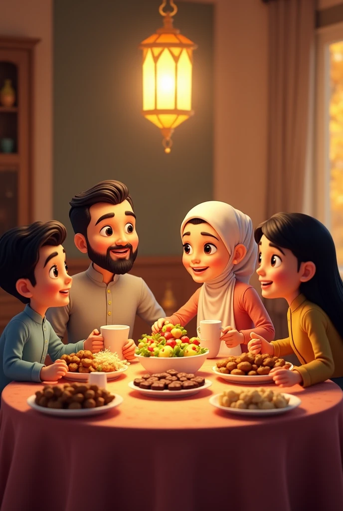 Draw in Pixar style, a smiling Muslim family who looks happy, the family is sitting in the dining room around the dinner table, the family consists of only four members, the father, who is 35 years old, and the mother, who is 2, wearing modest Islamic clothing, her head is covered and her dress is beautiful and long, the family also consists of the son, who is , and the daughter, who is , the details are wonderful and the image quality is high, the lighting is high coming from the windows, and the colors are rich, the living room is organized and elegant and has some plant pots