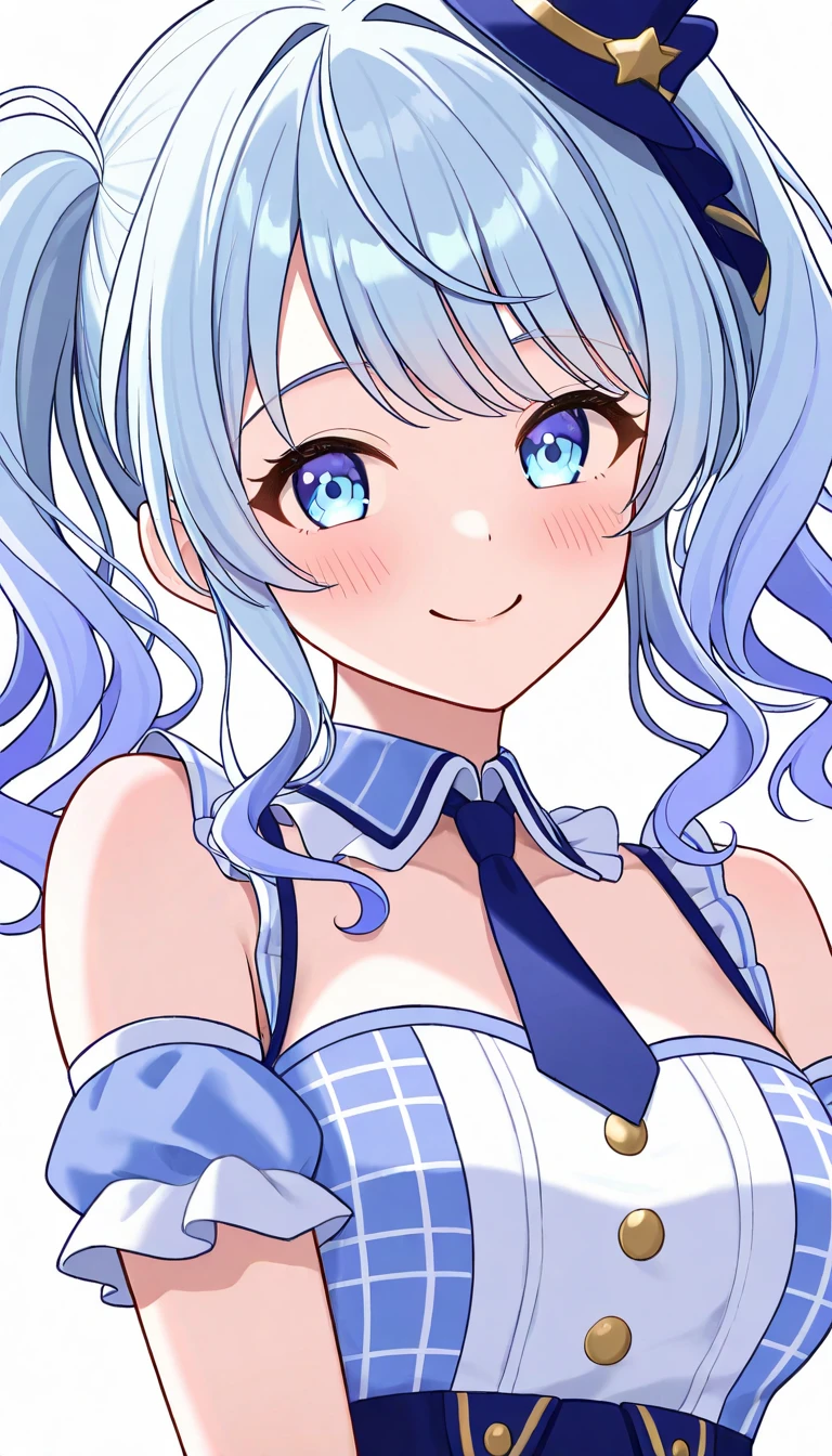 1 girl, 19yo, (smile:1.2), high twintails, wavy hair, gradient hair, silver blue hair, light blue hair, light blue eyes,(white background), idol costume