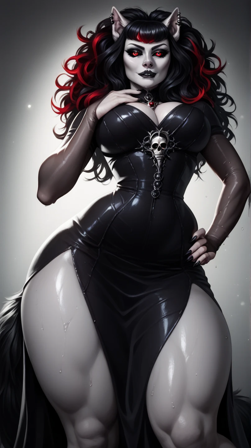 (Masterpiece, Best Quality, High Quality:1.4), professional artwork, Intricate Details, field of view, sharp focus, detailed painting, photorealistic lighting, trending on pixiv, (vivid lighting, vibrant colors:1.05), realistic shadows, ambient occlusion, mature female, 1girl, milf, solo, (curvy:1.1), stand up, hand on waist, posing, background white, (full body shot shot:1.1),
(red hair:1.3), hair ornament, lipstick, makeup, (mole under eye:0.9), choker, ultra detail hair, ultra detail face, (red eyes:1.05), perfect eyes, perfect face, succubuss horns, (seductive look, blush:1.15),
(main dress:1.2), latex asmodeusoutfit, (black thighhighs:1.1), (highheels:1.2), bare shoulders, necklace,
(Large Breasts:1.15), Cleavage, big ass, thighs