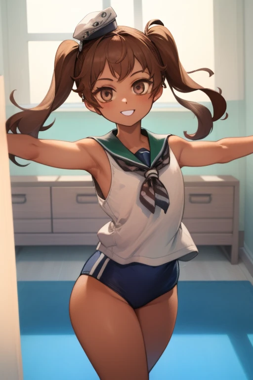 ((highest quality)), ((masterpiece)), (detailed), Perfect Face、5th grade elementary school、Grin、Blushing、Flat Chest、Turn your back to the viewer、Showing her anus