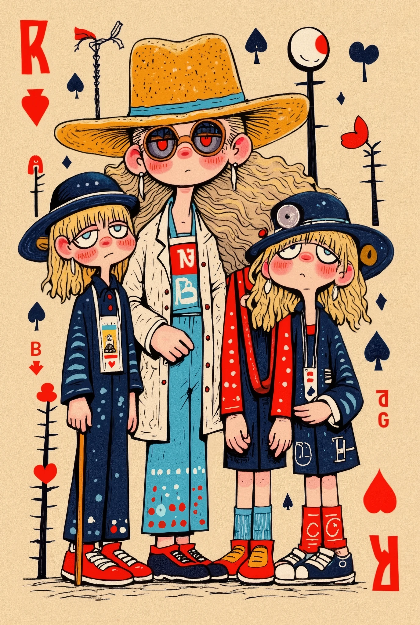 , Logo Design， Keith Haring  (Keith Haring) style。Logo Design。 main graphics, four anthropomorphic playing cards （JQKA ） form “senior travel group” queue ，Grandpa，Granny，dad，Mother， wears sunglasses 、straw hat、 hiking poles and camera ， , background fusion card pattern replaced with landscape stick figures， red peach symbols change to small footprints （ symbolizes travel footprints ）， spades 