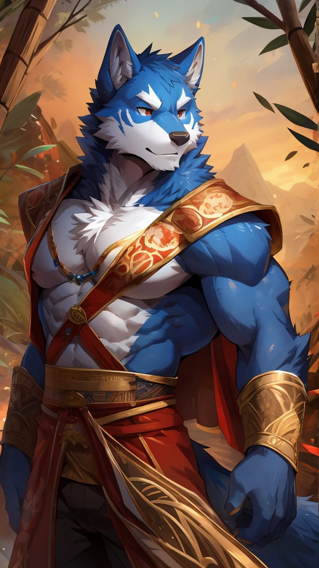 Ultra-clear white wolf，Half-length figure，The only person ，nude， Clear blue eyes， Handsome smile， White cape，White loincloth， Bare chest muscles， Waiting for someone to fall into your arms ，cloudy day， ruins， A masterpiece of the highest quality ，Exquisite details，Correct structure