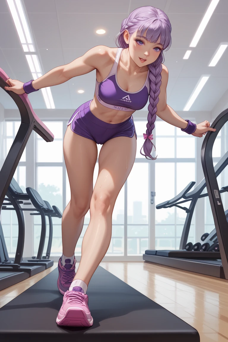 tianqiong,portiart,1girl,jewelry,hair ornament,solo,earrings,long hair,blue eyes,blue hair,looking at viewer,necklace,purple hair,<lora:add_detail:0.7>,<lora:tianqiong:0.7>,<lora:yujiasuitv1:0.7>,yujiasuit,yoga sports bra,yoga pants,seiza,brown hair,shoes,standing,gym,arms_behind_back,