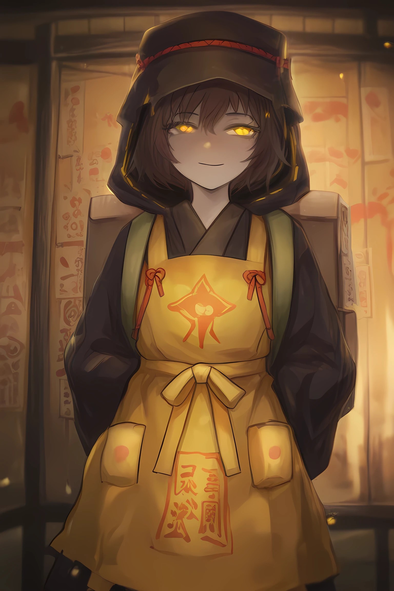 masterpiece, best quality, absurdres, highres

usnr, 1girl, solo, Kagetsumugi, short hair, brown hair, yellow eyes, black kimono, very long sleeves, wide sleeves, hood, yellow apron, (ofuda in apron), backpack, thick eyelashes, long eyelashes, glowing eyes,

 staring, smile

BREAK,

score_9, score_8_up, score_7_up, score_6_up,  detailed background, glowing theme, quality, amazing quality, masterpiece, absurdres