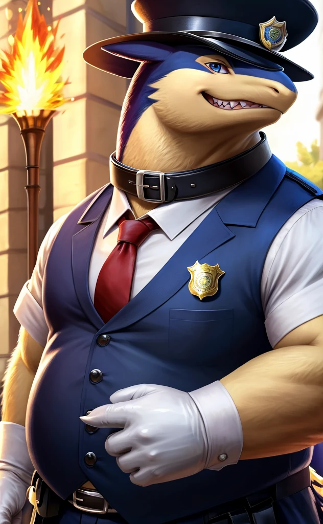 Solo, Male, fat, squatting, extremely obese, gentleman, dapper Typhlosion, pooping in diaper, blue eyes, (soft shading), 4k, hi res, ((detailed face, detailed)), looking at viewer, evil grin, police station, collared shirt with buttons, hat, male focus, Police Uniform, glasses, monocle, vest with buttons, sleeves rolled up, round eyewear, headwear, vest, Typhlosion is wearing a glossy leather dog collar around the neck, Typhlosion is wearing the leather collar and shirt and vest at the same time, Typhlosion is wearing glossy white rubber gloves on the hands, wearing white rubber gloves on the feet, gloves are rubber in texture, mouth wide open, evil laugh, clenching fists, leather collar is glossy and shiny with a lot of detail, Typhlosion is wearing gloves and leather collar at the same time, leather collar has a round dog-tag, leather collar is thick and detailed, white rubber gloves on the feet, Typhlosion is wearing gloves and leather collar at the same time, leather collar has a round dog-tag, leather collar is thick and detailed, leather collar is glossy and shiny, fancy clothing, dapper vest, dapper shirt, leather collar is thick, glossy leather collar, Typhlosion is wearing a dirty diaper
