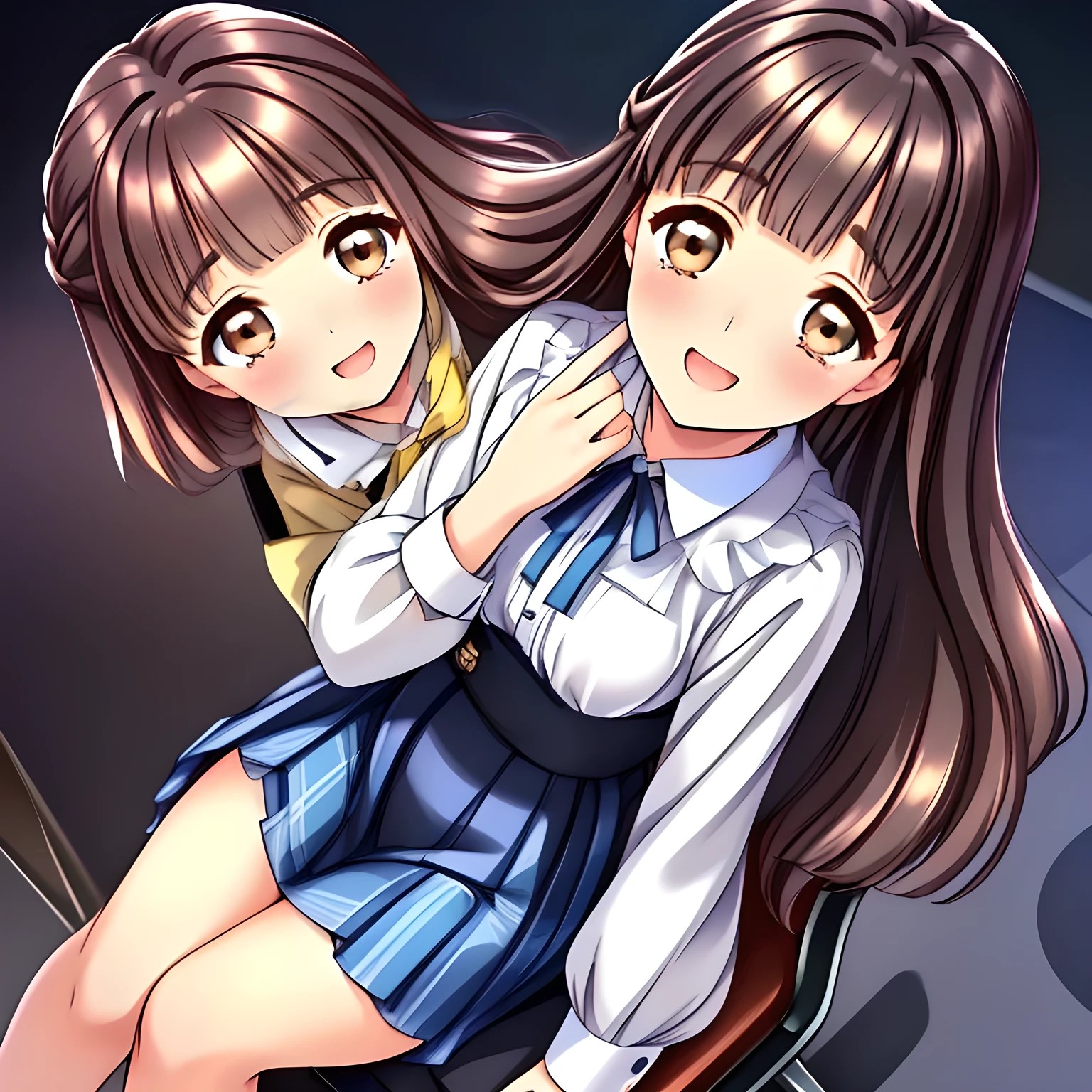 (highest quality, masterpiece:1.2), highest quality, High resolution, 1080p, 8K, solo, (A yo beautiful pretty fashion model succubus is seated on a wooden chair nobly and turning to me, ((laughing at me)), (looking down on me), most beloved girl in the school, (intelligent and perfectly balanced slender style), feeling too funny, amazingly neat & clean, in peace and neat lovely strong charm, cutely tilted head: 1.8), (Too noble beautiful lady like a love-story comic heroine), (laughing like watching a comedy), (showing a long lewd tongue), A very lovely, very noble, pretty and pure beautiful girls. ((Bursting out Laughing very elegantly)), ((white grown face)), Using expensive whitening cosmetics by cosmetics artist: 1.2), A white face that everyone loves, Glossy lips, (curled) bangs, (Too beautiful blue fascinating shiny (double-lidded) (brown eyes) with love to the viewer, ((deep upper girly eyelid)), laughing with detailed clearly: 1.5), ((amazingly beautiful straight (slightly wavy) long black light hair: 1.5)), (Sailor-style school uniform, (Neat smart (yellow blouse))): 1.8), (A very neat, (tartan-checkered pleated blue skirt with thin fabric belt): 1.2), (too pretty shiny light-yellow realistic school ribbon): 1.5), (Shiny game heroine lips, extremely laughing open mouth: 1.0), (Ribbon in (black hair), long thin braids, The ribbon is big and very pretty), (Tight waist, slender like a beautiful fashion model: 1.5), (The background is (plain black space with lovely heart stars) to emphasize her fascination: 1.8), (The lady knows well about the viewer's super fetishism for school uniforms, and satisfies it completely in the viewer's lewd dream: 1.7), (beautiful neat fascinating cute noble atmosphere in a high school only for beautiful ladies to learn how to be charming: 1.8), (one girl, take a full body shot: 1.2)