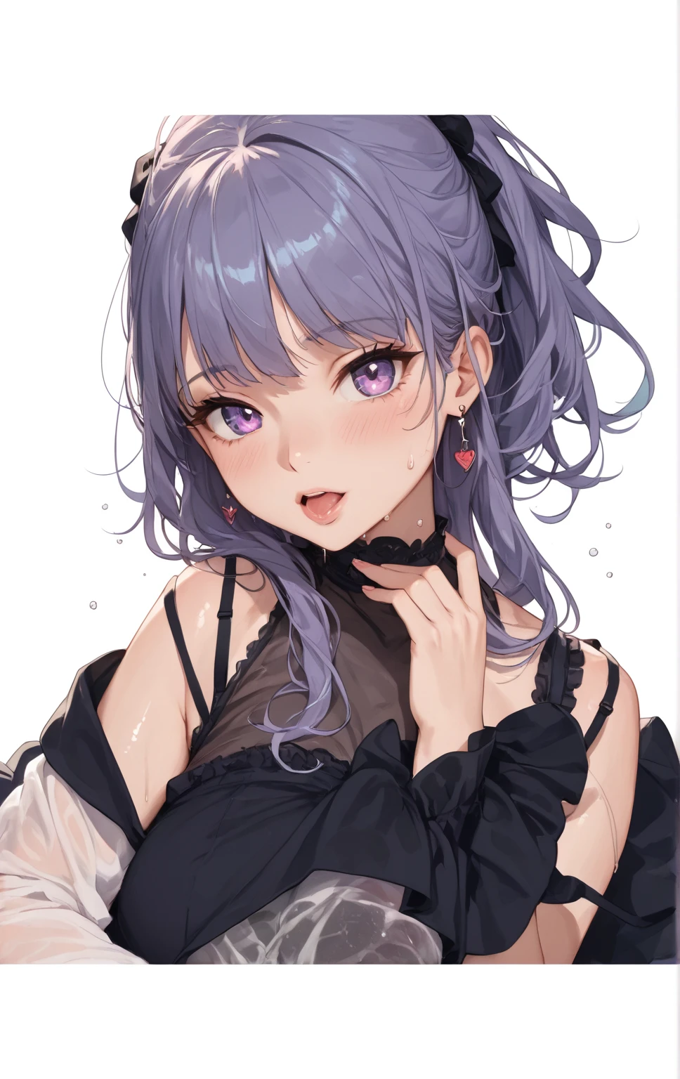 score_9,score_8,score_7,score_8_up,score_7_up Anime girl illustration posing in sweater, 1 girl, breasts, solo, animal ears, looking viewer, big breasts, mouth open, side boob, purple eyes, blush, purple hair, smile