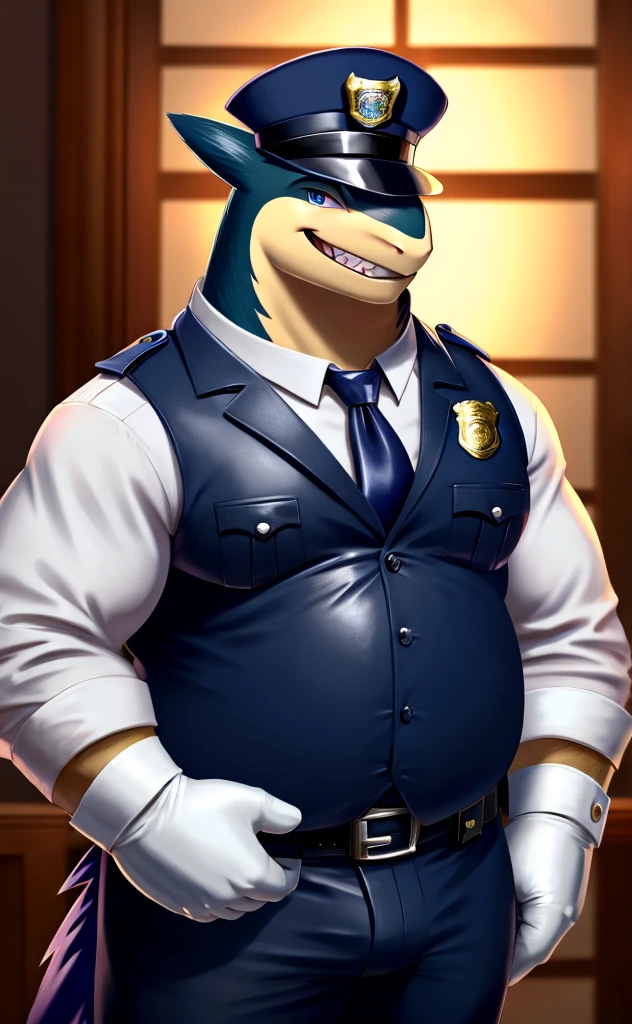 Male, fat, extremely obese, gentleman, dapper Typhlosion laying on the ground with legs spread apart, getting his diaper changed by another Typhlosion, blue eyes, (soft shading), 4k, hi res, ((detailed face, detailed)), looking at viewer, evil grin, Airport, TSA, TSA Uniform, collared shirt with buttons, hat, male focus, Police Uniform, glasses, monocle, vest with buttons, sleeves rolled up, round eyewear, headwear, vest, Typhlosion is wearing a glossy leather dog collar around the neck, Typhlosion is wearing the leather collar and shirt and vest at the same time, Typhlosion is wearing glossy white rubber gloves on the hands, wearing white rubber gloves on the feet, gloves are rubber in texture, mouth wide open, evil laugh, clenching fists, leather collar is glossy and shiny with a lot of detail, Typhlosion is wearing gloves and leather collar at the same time, leather collar has a round dog-tag, leather collar is thick and detailed, white rubber gloves on the feet, Typhlosion is wearing gloves and leather collar at the same time, leather collar has a round dog-tag, leather collar is thick and detailed, leather collar is glossy and shiny, fancy clothing, dapper vest, dapper shirt, leather collar is thick, glossy leather collar, Typhlosion is wearing a dirty diaper, Fat Typhlosion is getting his diaper changed by a second Typhlosion, second Typhlosion is wearing gloves, second Typhlosion is wearing a leather collar.