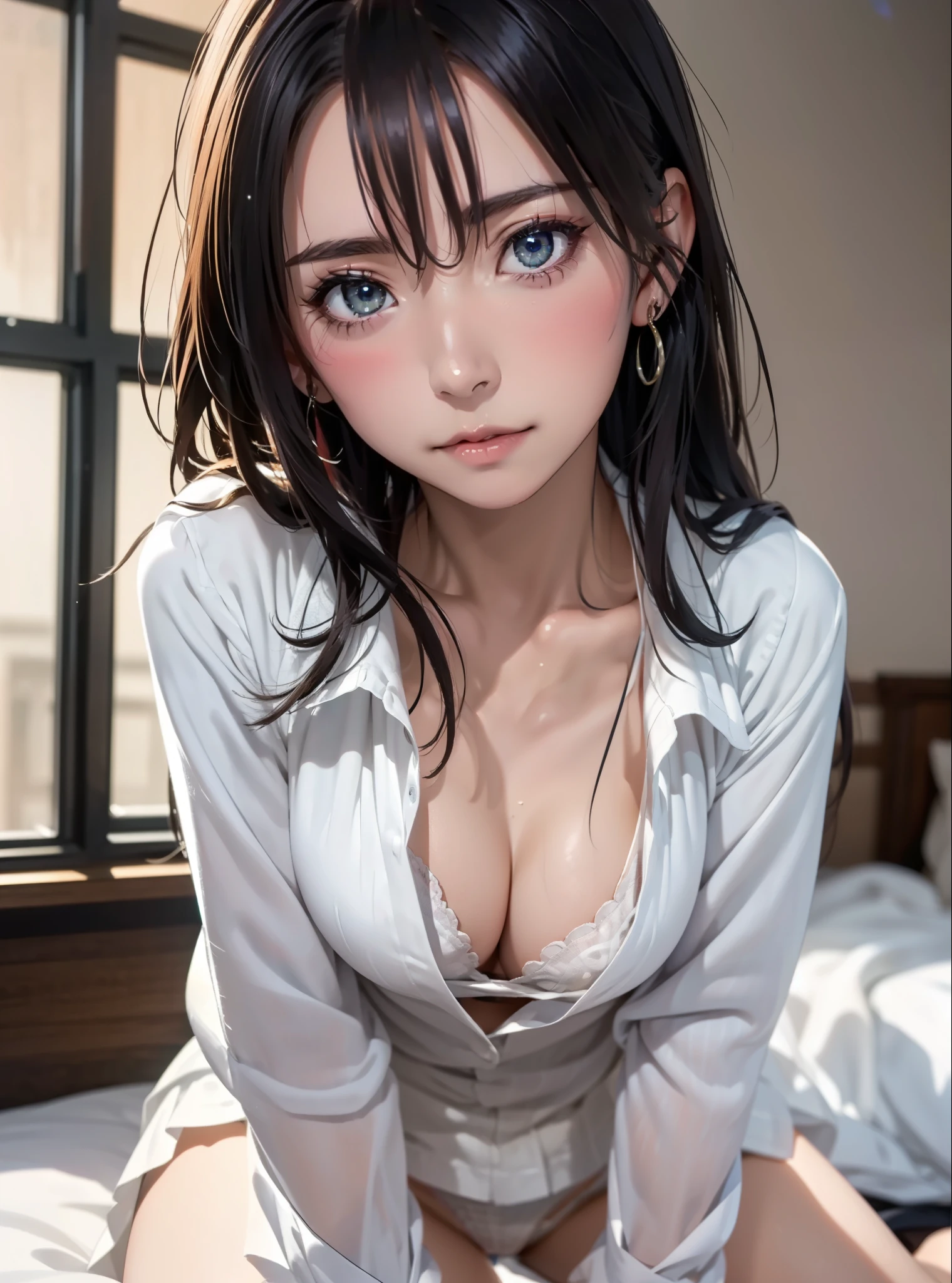 (masutepiece: 1.3), (max resolution: 1.2), (Ultra HDTV: 1.2), cinematric light, 8K resolution, Detailed eyes and skin, detailed facial features, , (Sharp Focus: 1.2), (Focus on Face:1.2),Perfect Style, Beautiful face, acurate, Anatomically correct, ノ Highly detailed facial and skin texture, Detailed eyes, Double eyelids, Thin eyebrows, glitter eyeliner: 1 Natural cheeks, Glossy skin, Fair skin: 1.2, (Glossy lips: 1.4),、 (Shy look: 1.2),Highly detailed facial and skin texture, Detailed eyes, Double eyelids, Natural cheeks, , shiny lips: 1.4,Exposed cleavage、Sperm taken、Overflowing sperm、Flowing sperm、 red blush、humiliated、impatience、dismay、Frightened、glares、Sexually arousal、Provocation、embarrassed from、Open knees、open one's legs、 White underwear、White bra、Shiny little earrings and necklaces、Disheveled clothes、Dressing、Exposed panties、Wearing sweat、sodden、Sheer underwear、Stockings、 18 instars, Neat and clean woman,1 persons、 upturned breasts, Bedroom、sitting on a bed、deep in the night、sexy pose、a blond、Blue ash eyes、Green ash eye,(Girls' High School Uniform:1.3)、Glares facial expression、full of sweat、