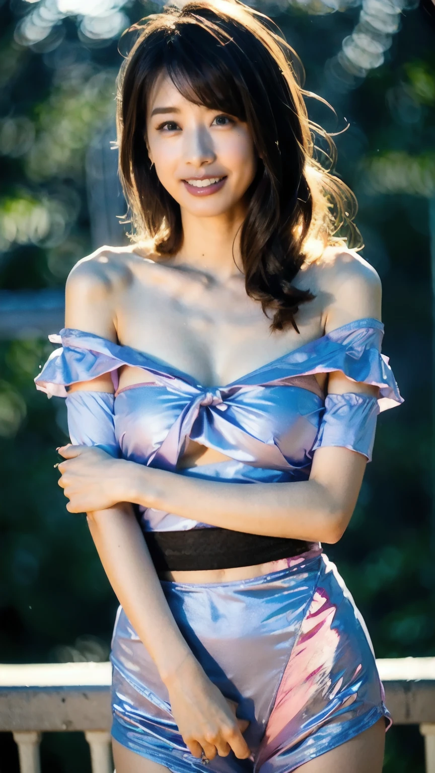Half-length glamour portrait, nikon D850, f1.6 lens, 200mm, DSLR, 22 Megapixels, (((Botanical garden with exotic flowers scene))), shot of a stunning 19 years old korean girl, (smile:1.4), (wearing Lapis blue satin blouse with electric purple wide linen trousers:1.6), ((seductive pose)), hot girl, (((big natural breasts))), (((black fringe hair))), (small girl), symmetrical face, photorealistic, photography, (bright natural lighting), gorgeous, deep cleavage, (masterpiece), best quality, high resolution, extremely detailed, cinematic lighting, (((very narrow waist))), rich colors, hyper realistic, lifelike texture, ((jewelry)), (((She has beautiful hands and wears rings))), (bracelet), (necklace), (ankle chain), (nail polish) (earrings), Fuji Superia 200, 8k