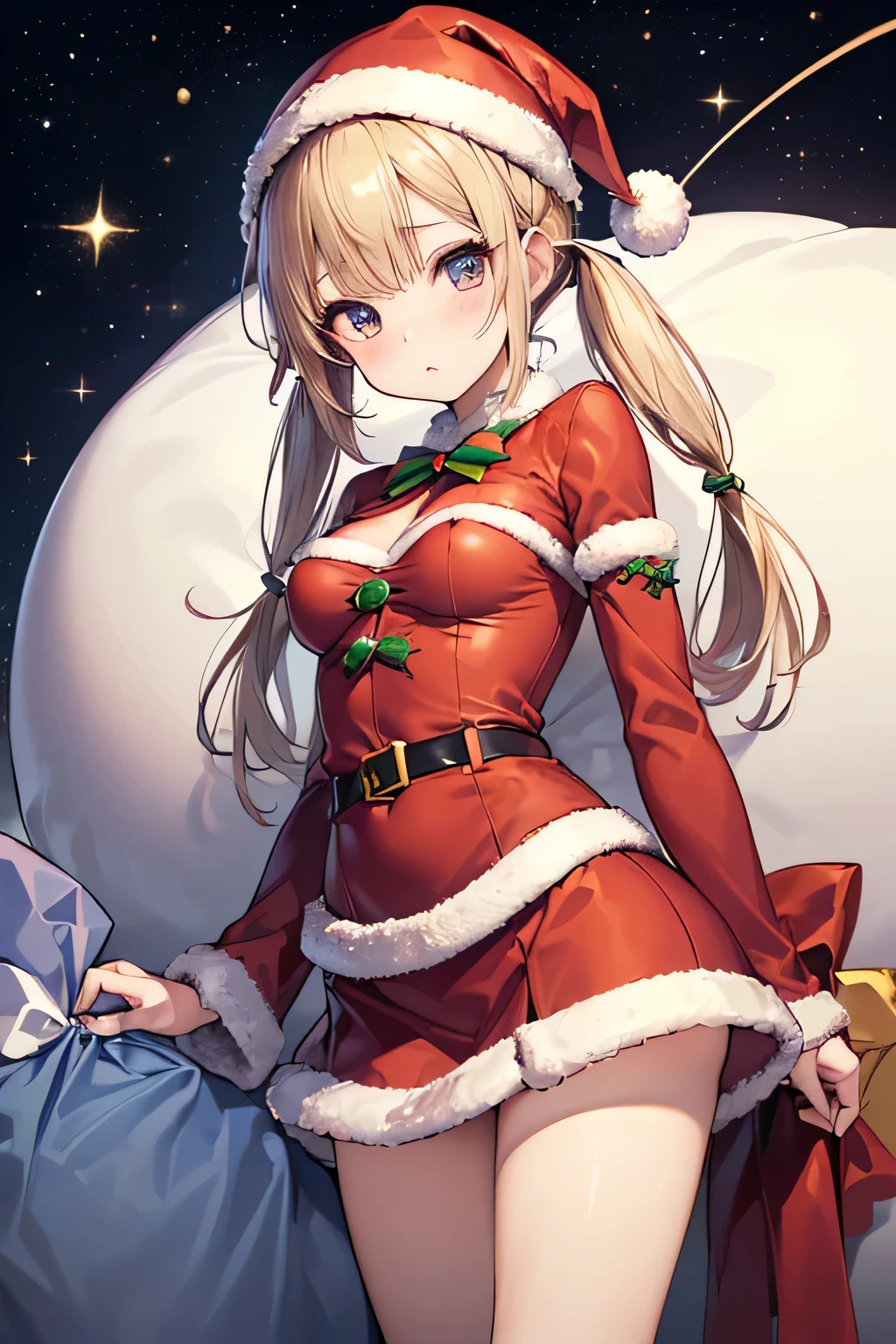 最high quality、best image quality、masterpiece、teenage girl((metallic red santa costume、santa style short skirt、santa style tank top、16 years old、 Agar、vest bust、big bast,Beautiful wide open light blue eyerest, blonde、Slender,big valley、dye one&#39;s cheeks red、stretch your back、white breath、Show the whole body、smile、jumping、hold out her hand、dye one&#39;s cheeks red、slight smile、floating)),high quality、beautiful art、With background(( crystalline、night sky、it&#39;s snowing、heavy snow falls、snowman、 A world where snow piles up)))、table top、Depth of the bounds written,fly in the sky
