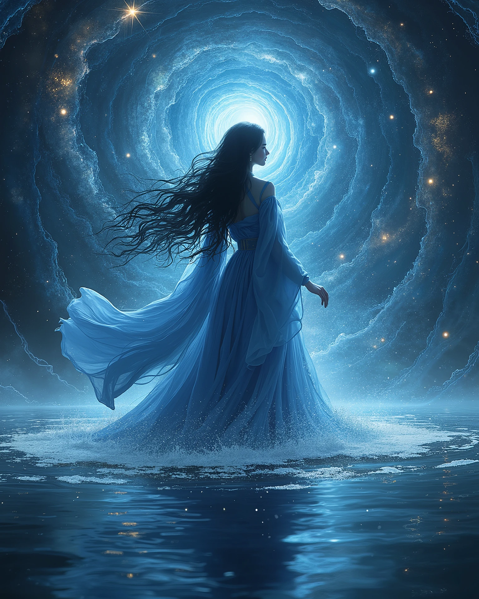 Yoshitaka Amano、 final fantasy \(series\), (  sci-fi:1.1), (achromatic :1.1), (Horizontal position:1.2), ( Very Long Wavy Glowing Hair:1.1), (glowing vortex:1.2),  UNDERBOB , ( skindentation of sand:1.1), universe, universe雲, black hair, (Beautiful blue kimono :1.1), (Fantastic Dancing Woman :1.2), (A body that gives off an aura:1.2), Woman in the middle of the lake、
, masterpiece, top quality, great quality, so beautiful,  latest, Godley、Lake Reflected Pattern 、 Crystal Earrings, 