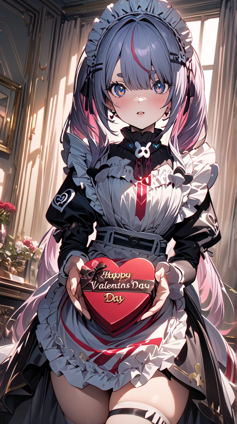 valentine、Alone , Beautiful Thighs、from side,
red ribbon、cowboy shot,  maid clothes、clavicle、white lace pattern background、
heart、