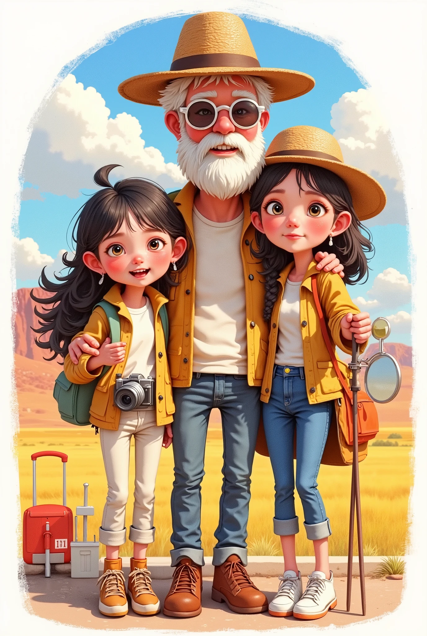 company logo design,Granny,dad,Mother,分别佩戴墨mirror、straw hat、 hiking poles and camera ,Senior travel , mirror、straw hat、 hiking poles and camera ,Disney, Pixar style, cartoon,reunion,happy,