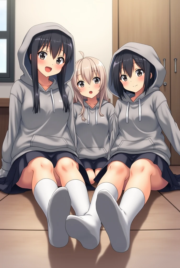 NSFW, (master piece, highest quality), three girls, Bra exposed, nipples exposed, , school locker room, セクシーな白いパンティーを下ろしてfluffy pubic hairが露出, (take off your panties), fluffy pubic hair, (Change of clothes:1.8), wide angle, best lighting, best shadows, (Don't look here), Chatting happily, Voyeur-style shots, low twintails, high ponytail, curl bob hair, a shy look