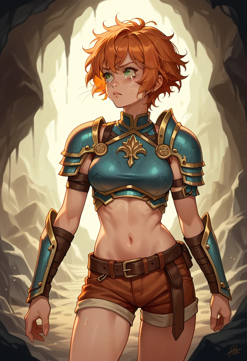 (1  muscular female,orc, humanoid,green skin,tusks, messy red hair mullet style:1.2), fantasy world, medieval, cave, mining operation, fortifications, (gorgeous steel armor, threatening armor, chest plate, gauntlets:1.2), red cape,dynamic fighting pose,dynamic angle,cameltoe,from below,angry