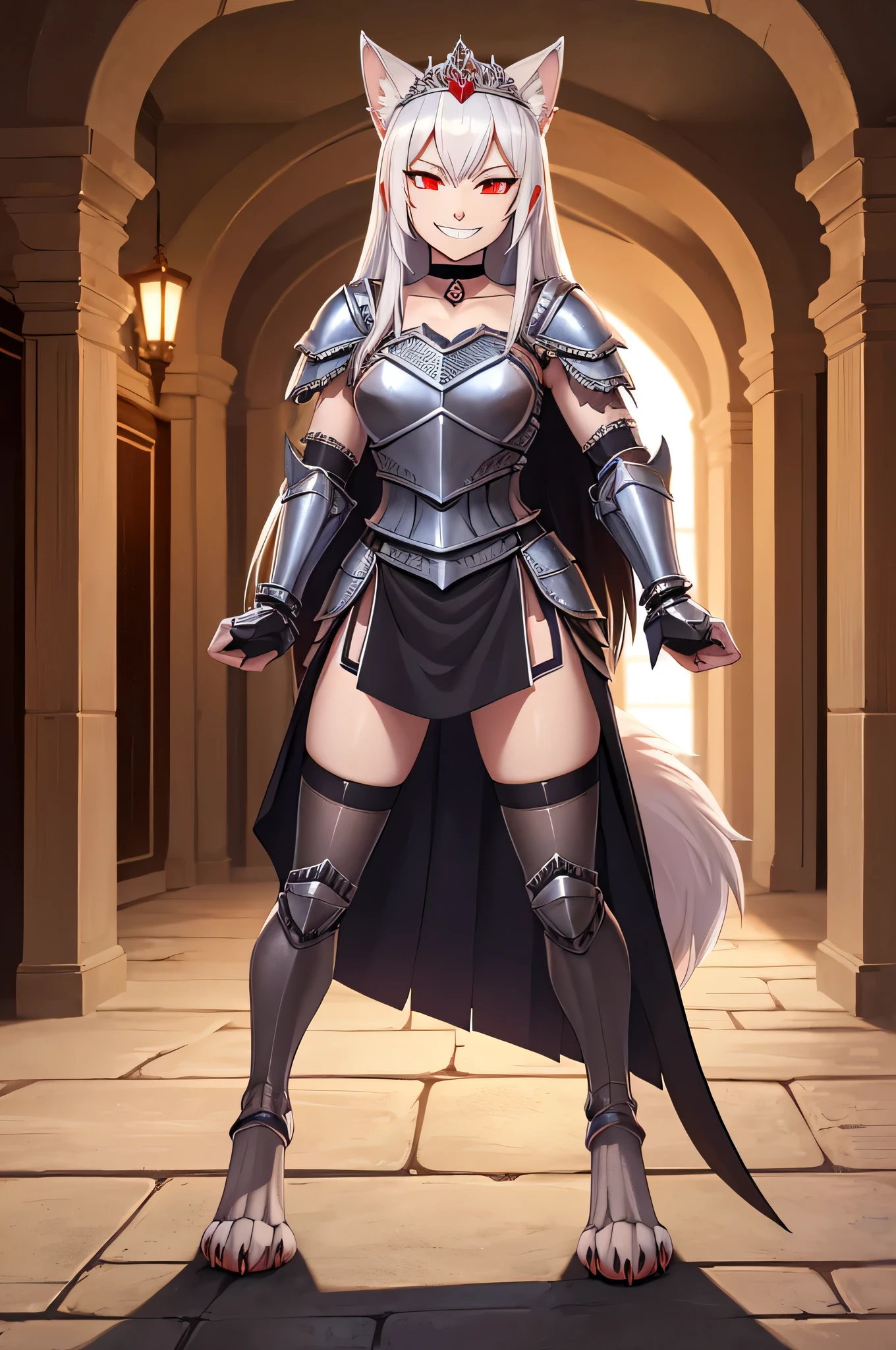 Sharp focus, 1girl, single horn, solo,blonde hair, very long hair, soles,( dark-skinned female:1.1), blush, smile, full body, large breasts, (red eyes:1.1),best quality, 4k, ((masterpiece)), extremely detailed, 8k, trending on ArtStation, walking, female knight, fantasy, full body armor, space marines armor, pants, holding sword, boots,, medieval village