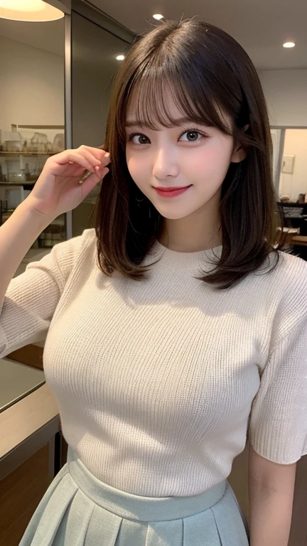 (best quality,highres:1.2),illustration,ultra-detailed,fine details,high resolution,perfect dynamic composition,beautiful detailed eyes,medium hair,natural colored lips,bashful smile,wandering on Aoyama Street,27-year-old girl,black long-sleeved top