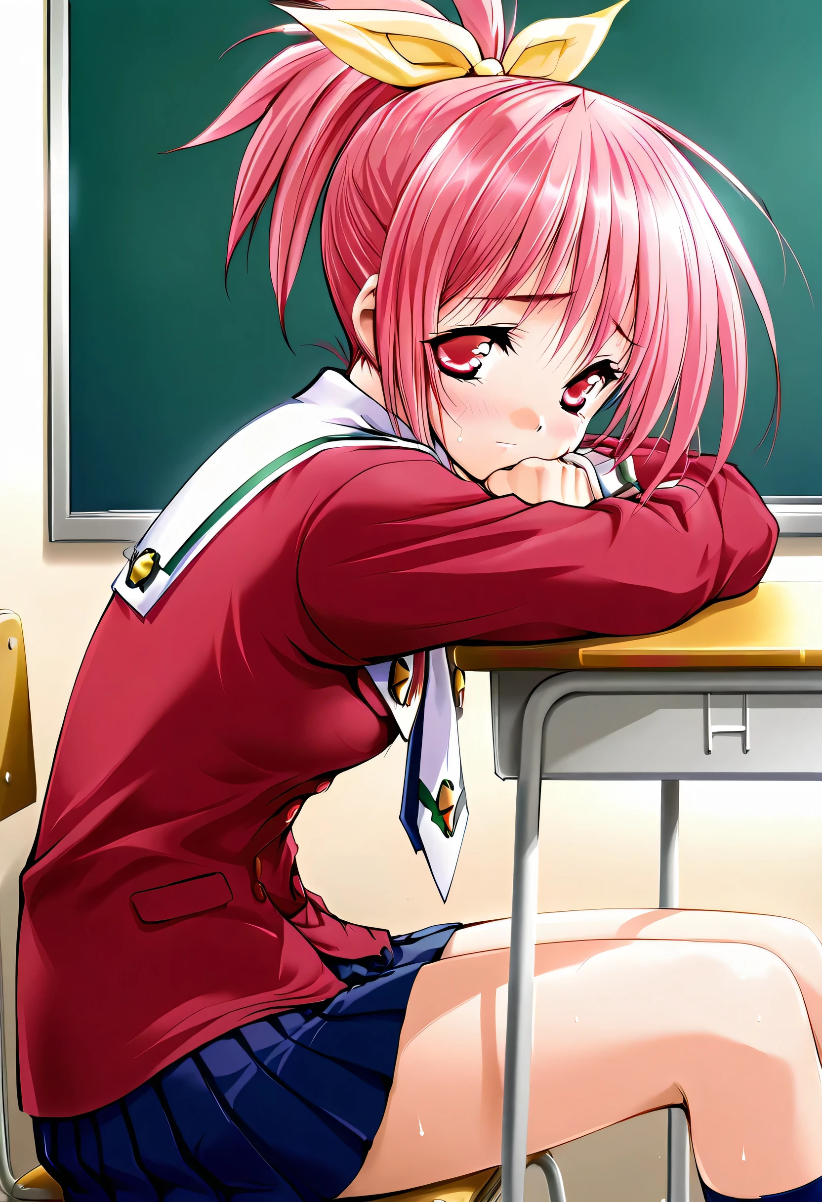 masterpiece, best quality, official art, amazing quality, ultra highres, very aesthetic, highly detailed,
1girl ,Serina,yellow ribbon,(pink hair),(pink eyes), beautiful detailed eyes, BREAK
serina_school_uniform, red school uniform, white necktie, blue pleated miniskirt,lightblue lace underwear,provocation, school desk, chair, sitting,from side,head rest,(look away),school uniform, shirt, skirt,nervous,cowboy shot, highly detailed,