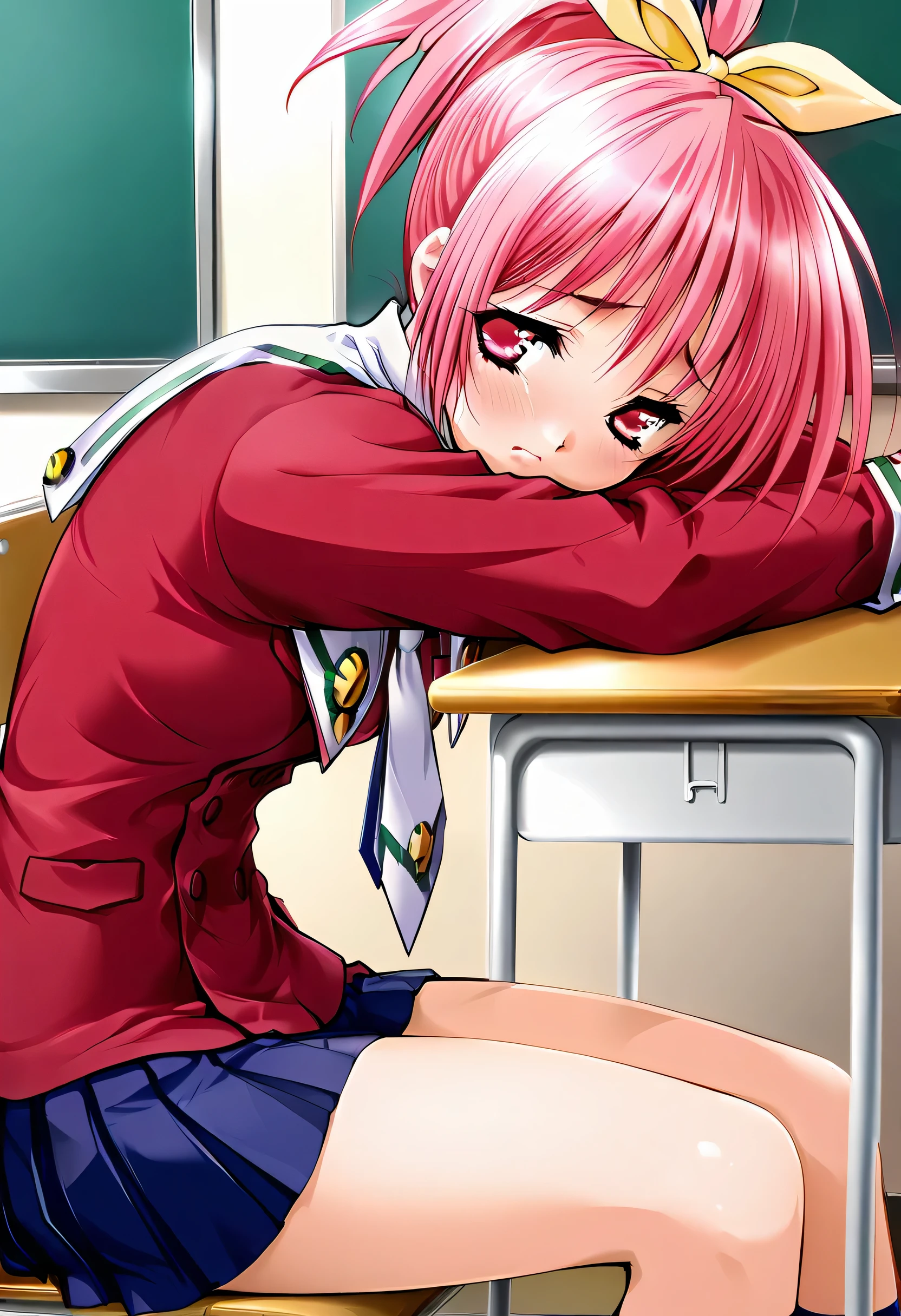 masterpiece, best quality, official art, amazing quality, ultra highres, very aesthetic, highly detailed,
1girl ,Serina,yellow ribbon,(pink hair),(pink eyes), beautiful detailed eyes, BREAK
serina_school_uniform, red school uniform, white necktie, blue pleated miniskirt,lightblue lace underwear,provocation, school desk, chair, sitting,from side,head rest,(look away),school uniform, shirt, skirt,nervous,cowboy shot, highly detailed,