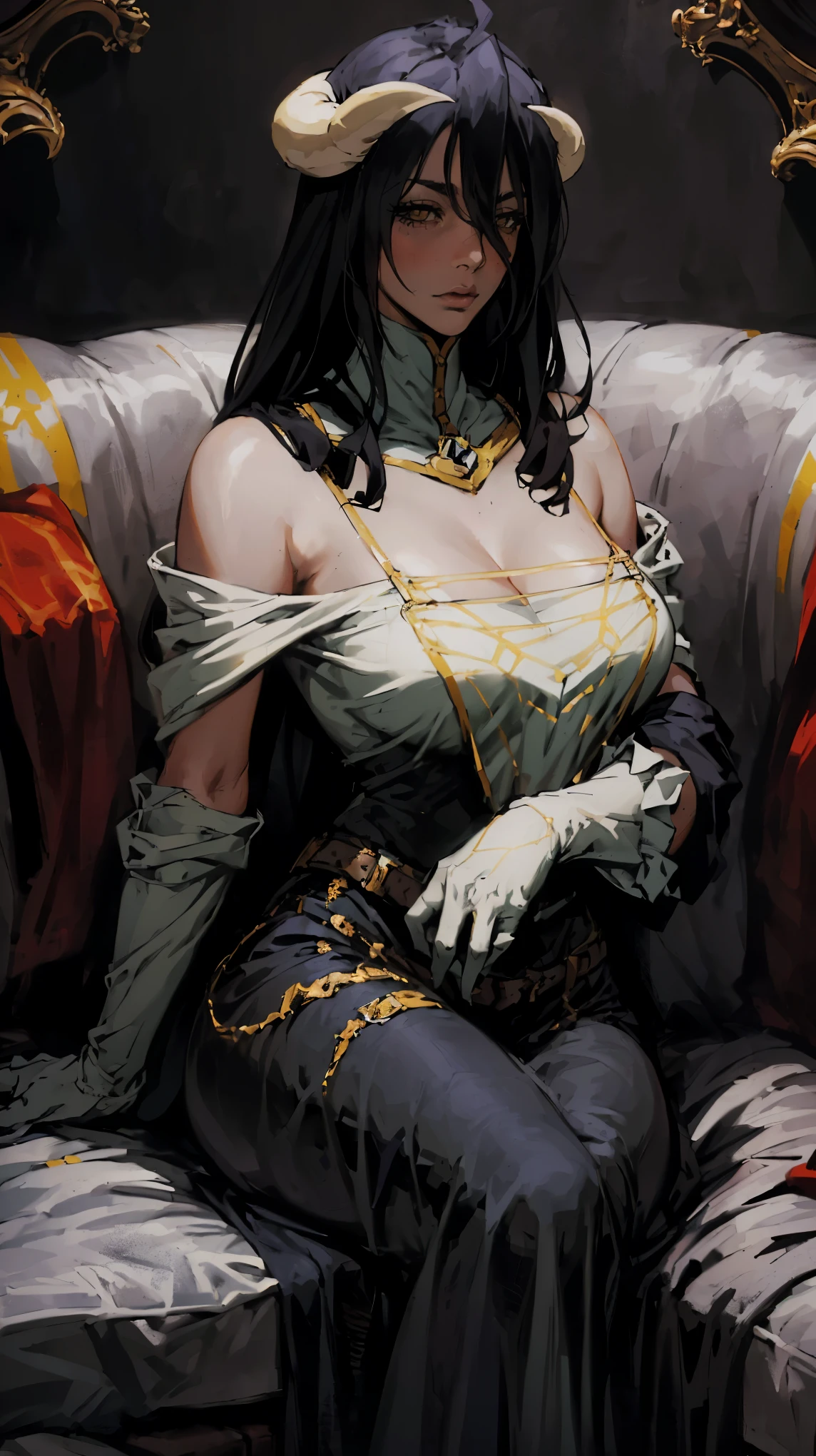 BEST HANDS !(pencil_etude:1.2, on a dark background, blue electric charges form a stylized Albedo silhouette and rose frame , Bioluminescence close up portrait in pose . (rich colors and mate dark colors), (Great composition , professional staging), (beautiful face and eye), (perfect hands).(anime drawing art 2.5 D anime style) ONE mature woman ALBEDO from anime “Owerlord” dressed on suit ( sitting on a fancy gothic long couch with pose . ), (big black wings).