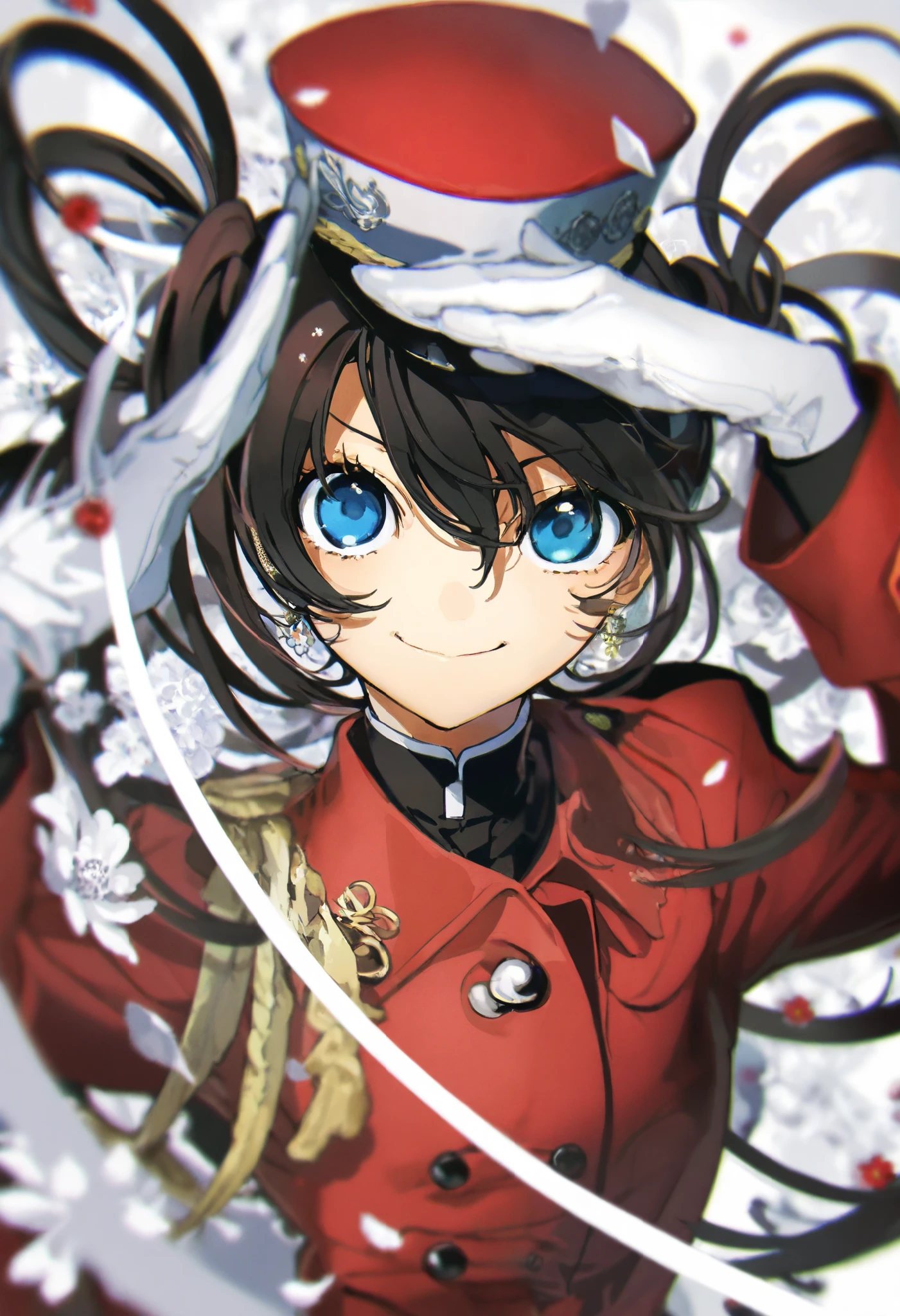 Flower 1 .2,of, girl,单人 独自of,, Hold, Hold 玫瑰花,, long hair, Jewelry, upper body, blurry, European classical style,black double ponytail hair, Blue Eyes , dark red short jacket , White Gloves ,cap,Focus,sapphire,White doves shine ,Smile,salute,可靠of,( black hair )