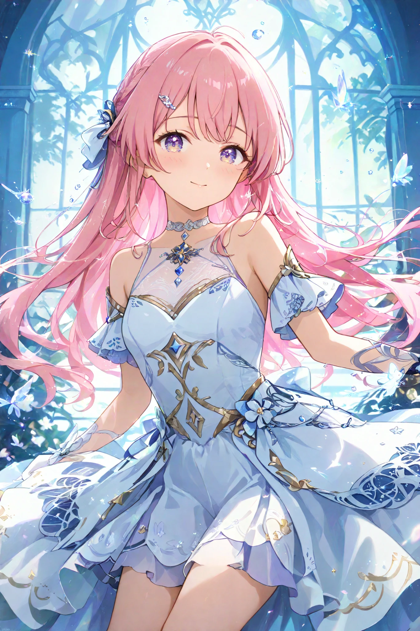 "An elegant anime-style girl with long, soft pink hair cascading in gentle waves, adorned with delicate silver hairpins. She has large, expressive lavender eyes with a dreamy and kind expression. She wears a sophisticated yet ethereal outfit—a flowing pastel blue and white dress with intricate lace details, subtle gold embroidery, and a celestial theme. A delicate silver choker with a small moon-shaped charm rests on her neck. She is surrounded by soft, glowing light, with tiny sparkles floating in the air, giving her a graceful and almost otherworldly presence. The background is a dreamy, soft-lit garden or a grand ballroom with tall windows, letting in gentle moonlight."