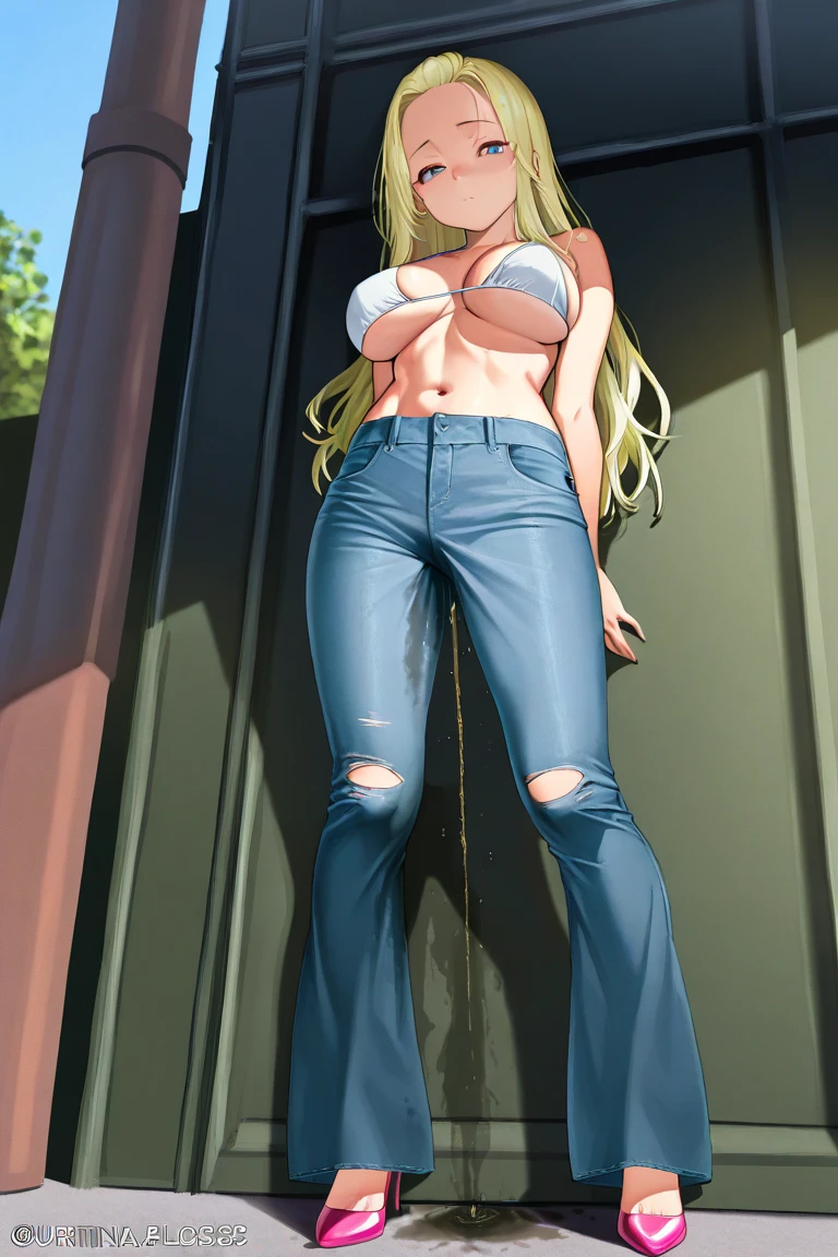 (best quality,high resolution,Beautiful detailed eyes,Beautiful lighting),
((blue jeans)),white ((bra)),standing,shy posture,barefeet,navel,lavatory,looking at viewer,((full body)),(((((pee stain))))),blush,worried,mouth open,Tuka Luna Marceau,blue eyes,blonde hair,long hair,pointy ears