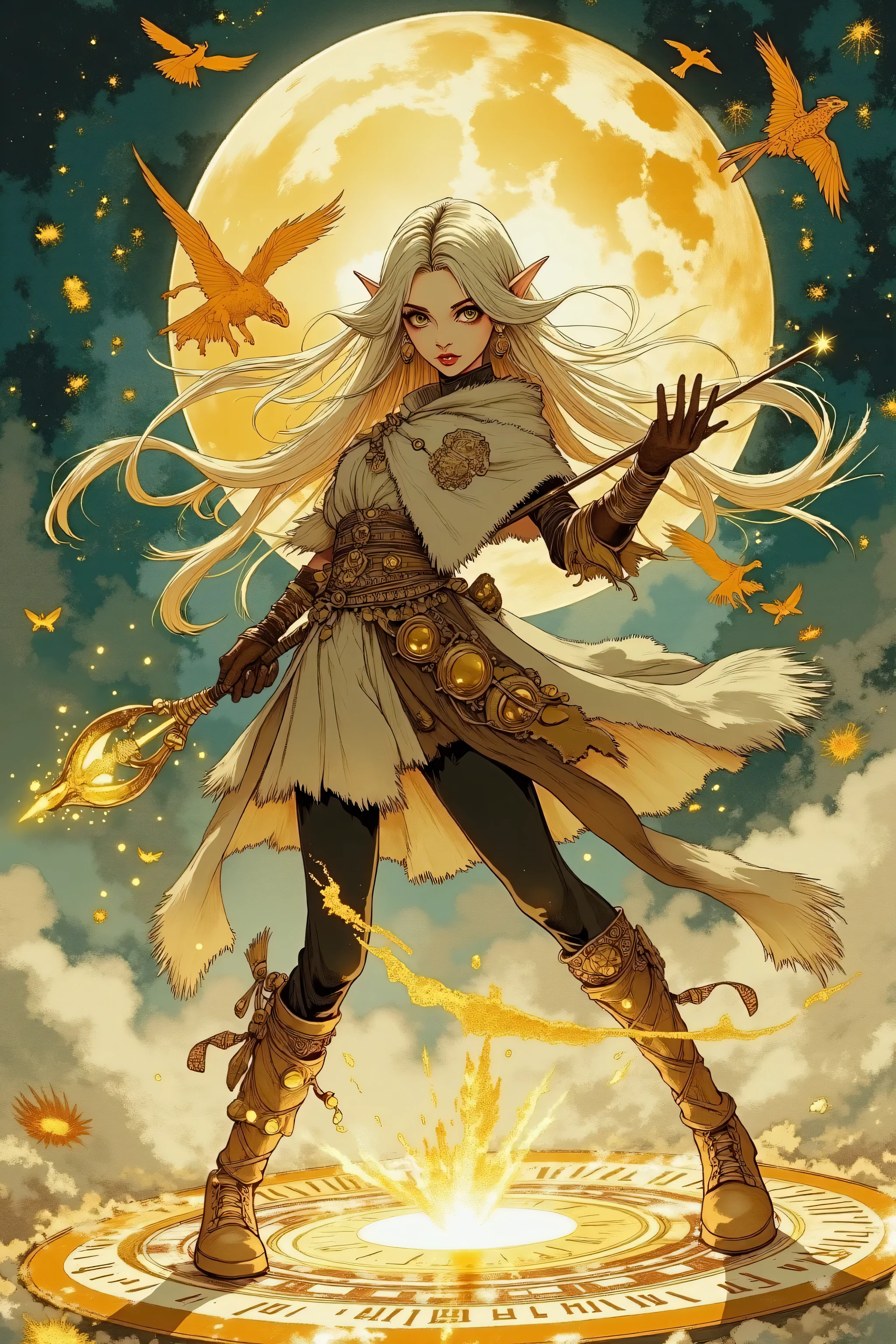 Ink wash art. A Female elf. long hair, pointy ears, earrings, collared capelet with long sleeves, skirt, pantyhose, boots, standing on the glowing magic circle with runes, holding and brandish a magic staff with dazzling big gem, dynamic motion, updraft, fluttering hair, hair blowing up, Swirling atmosphere, fighting posture, motion blur, floating abundant forest spirits and magic circles. big full moon above and the shadow of wyverns soaring into the sky in the background. Katou Naoyuki Style